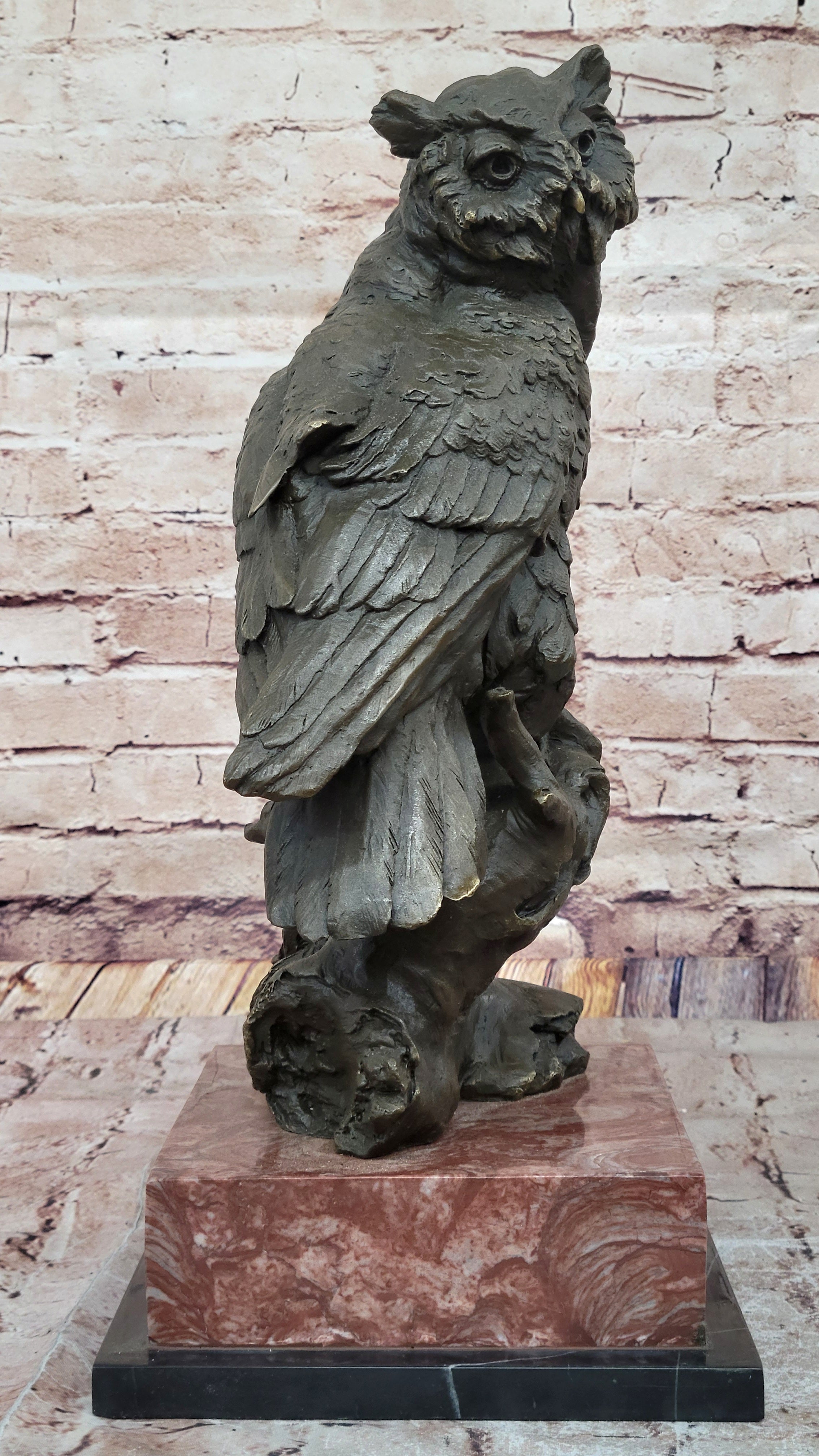 Milo Watchful Owl on Branch; Intricately Detailed Bronze Sculpture with Marble Base