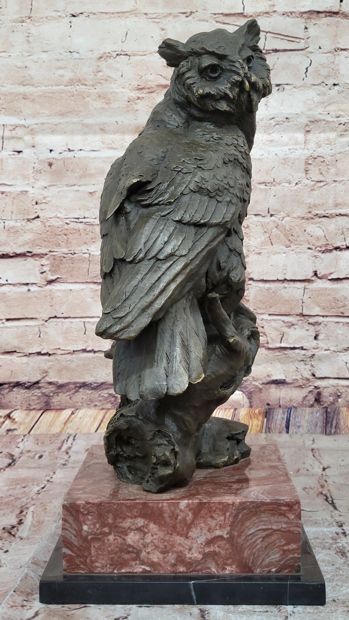 Milo Watchful Owl on Branch; Intricately Detailed Bronze Sculpture with Marble Base
