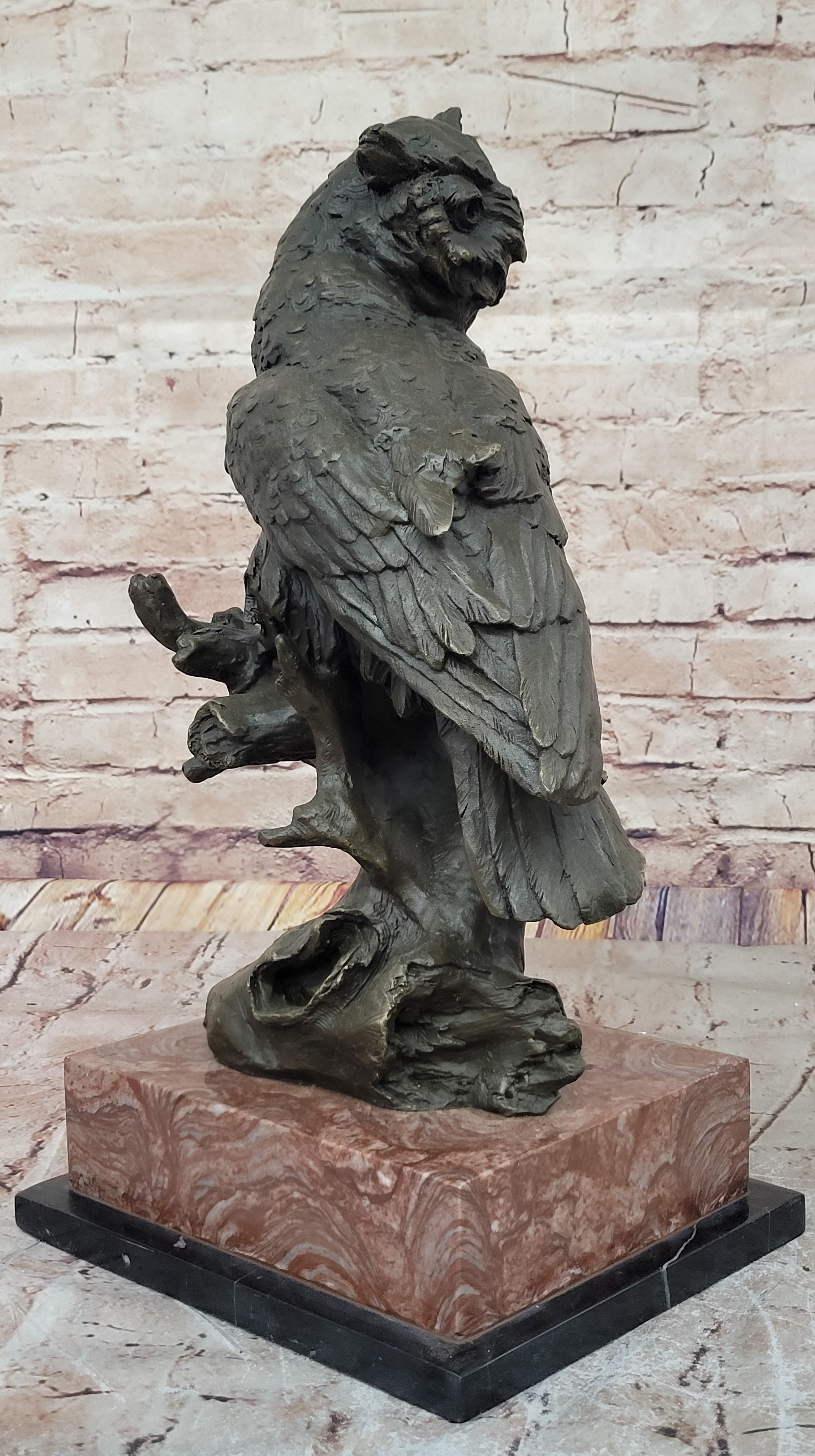 Milo Watchful Owl on Branch; Intricately Detailed Bronze Sculpture with Marble Base