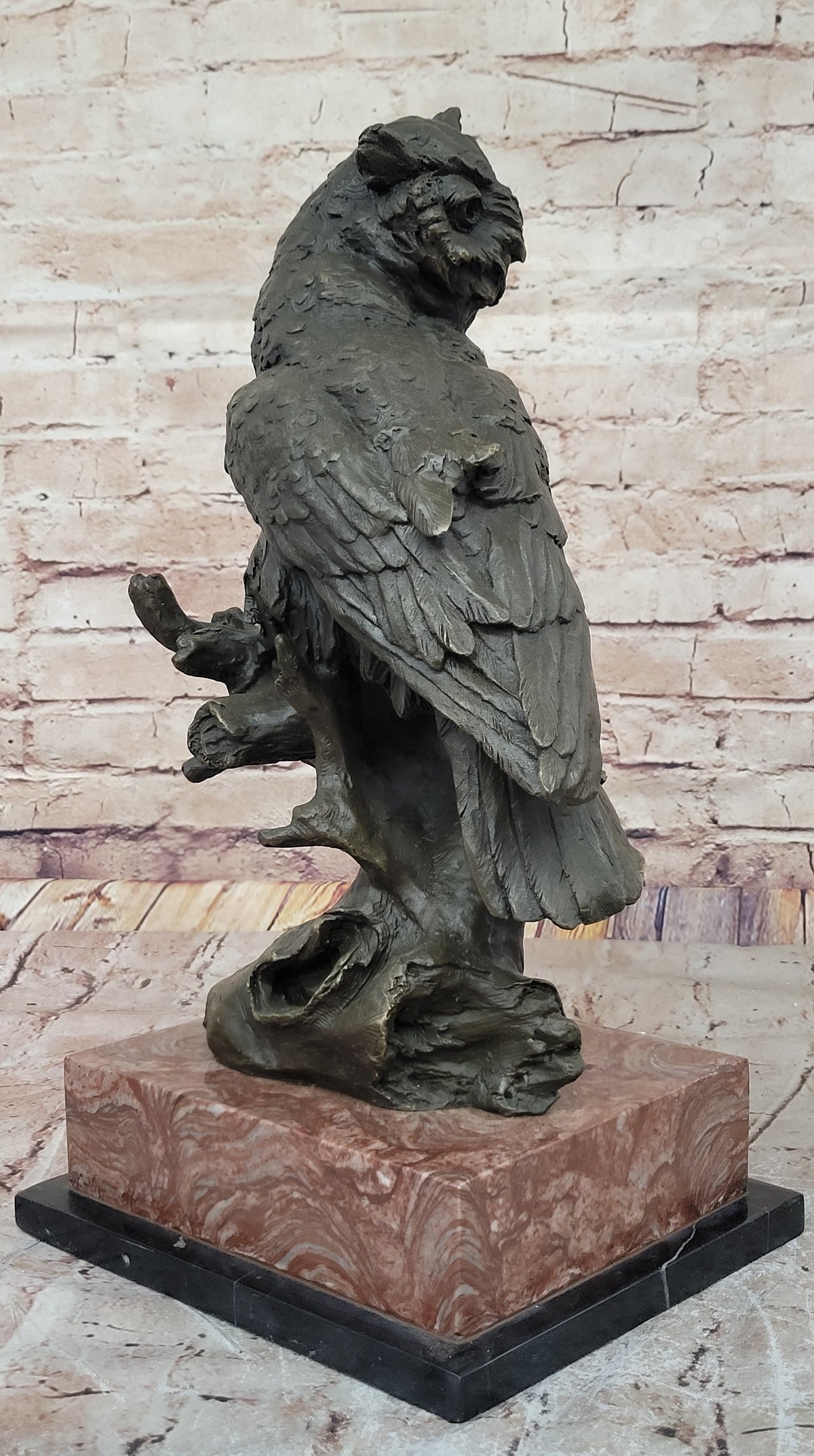 Milo Watchful Owl on Branch; Intricately Detailed Bronze Sculpture with Marble Base