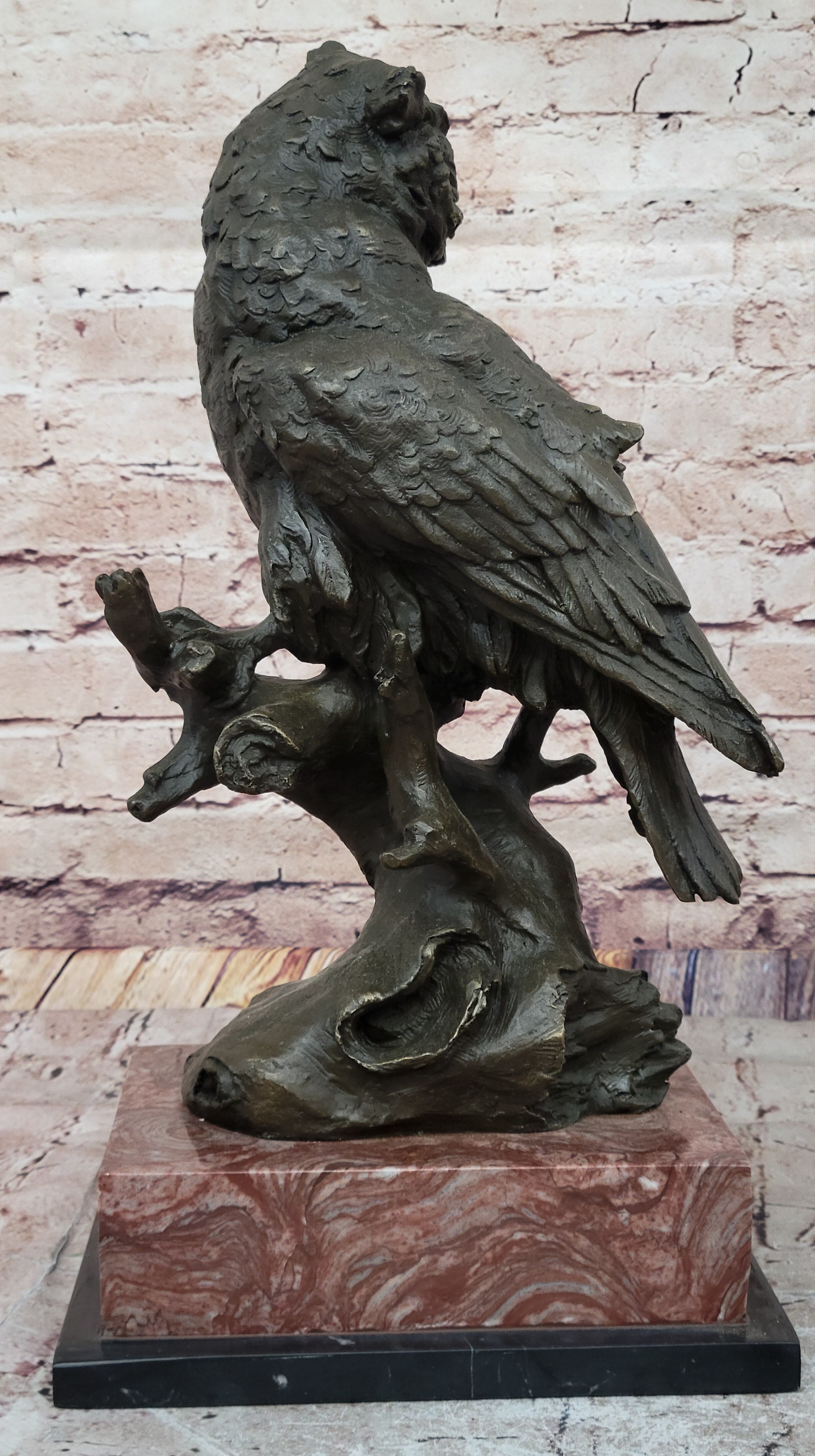 Milo Watchful Owl on Branch; Intricately Detailed Bronze Sculpture with Marble Base