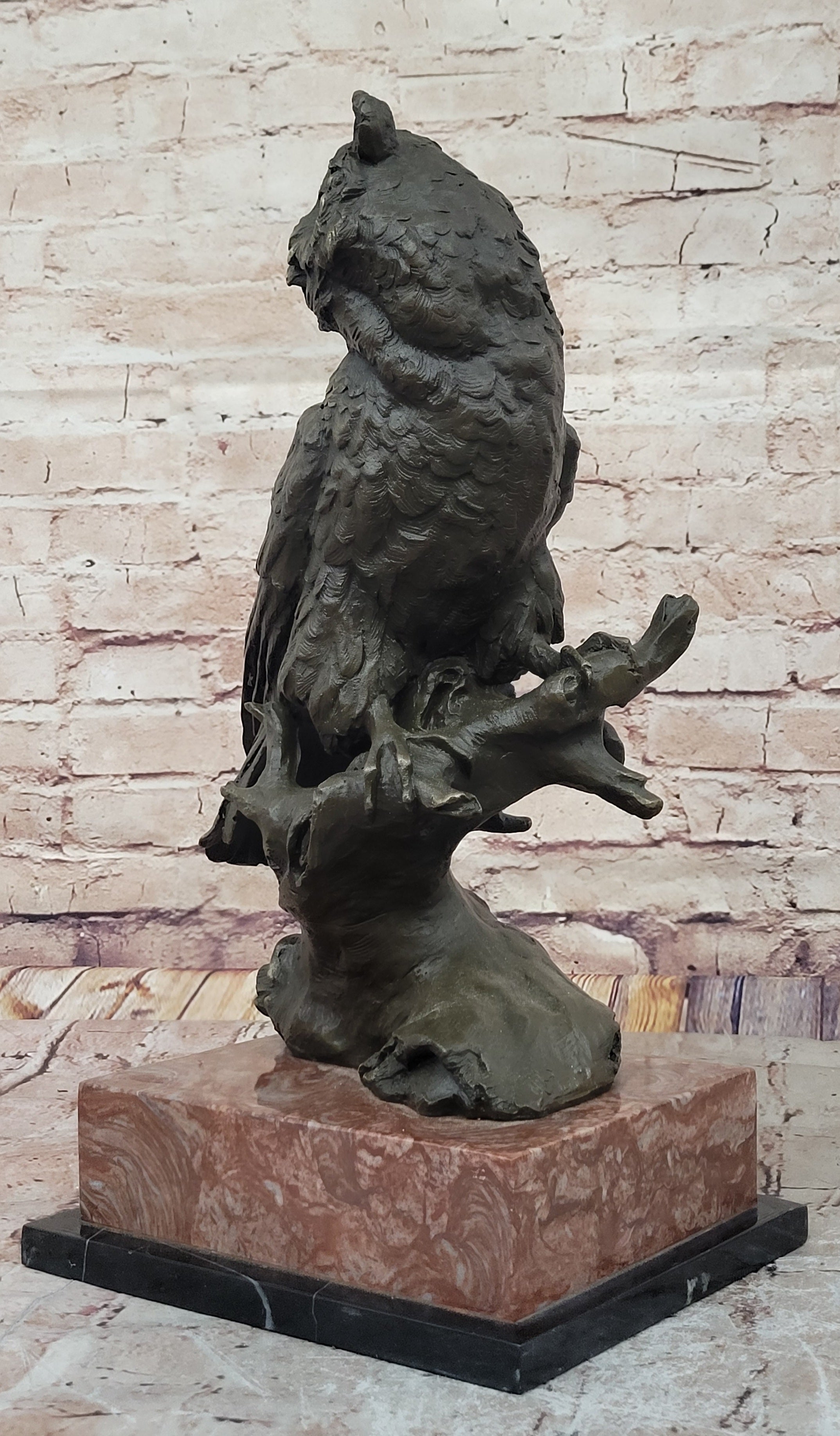 Milo Watchful Owl on Branch; Intricately Detailed Bronze Sculpture with Marble Base