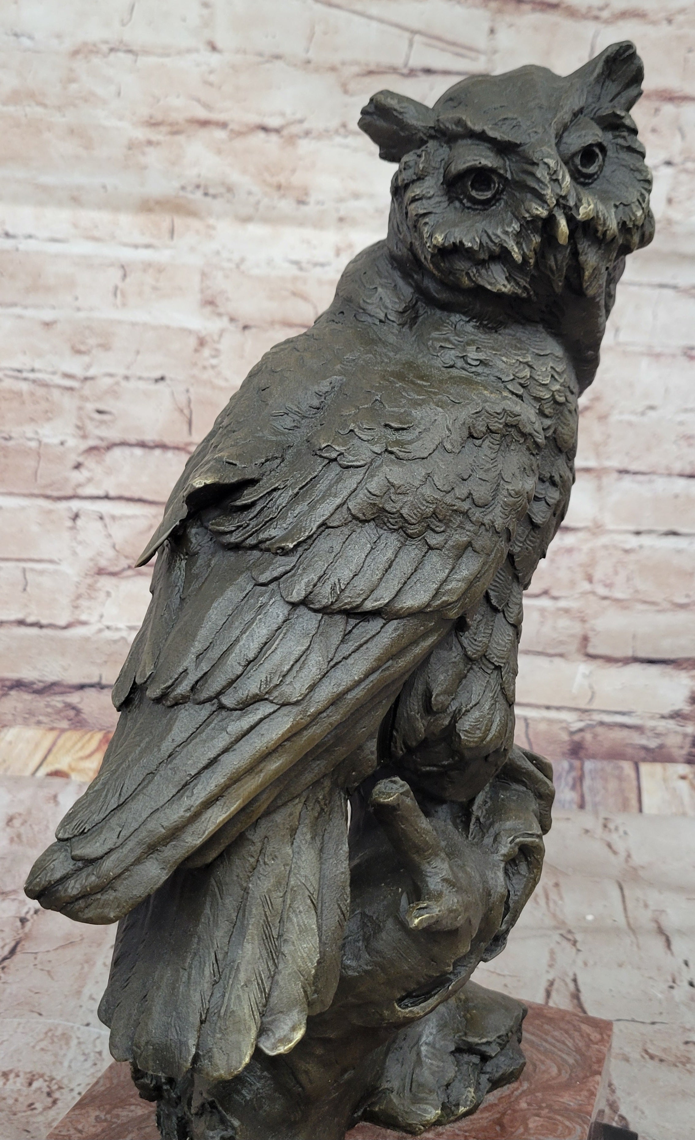 Milo Watchful Owl on Branch; Intricately Detailed Bronze Sculpture with Marble Base