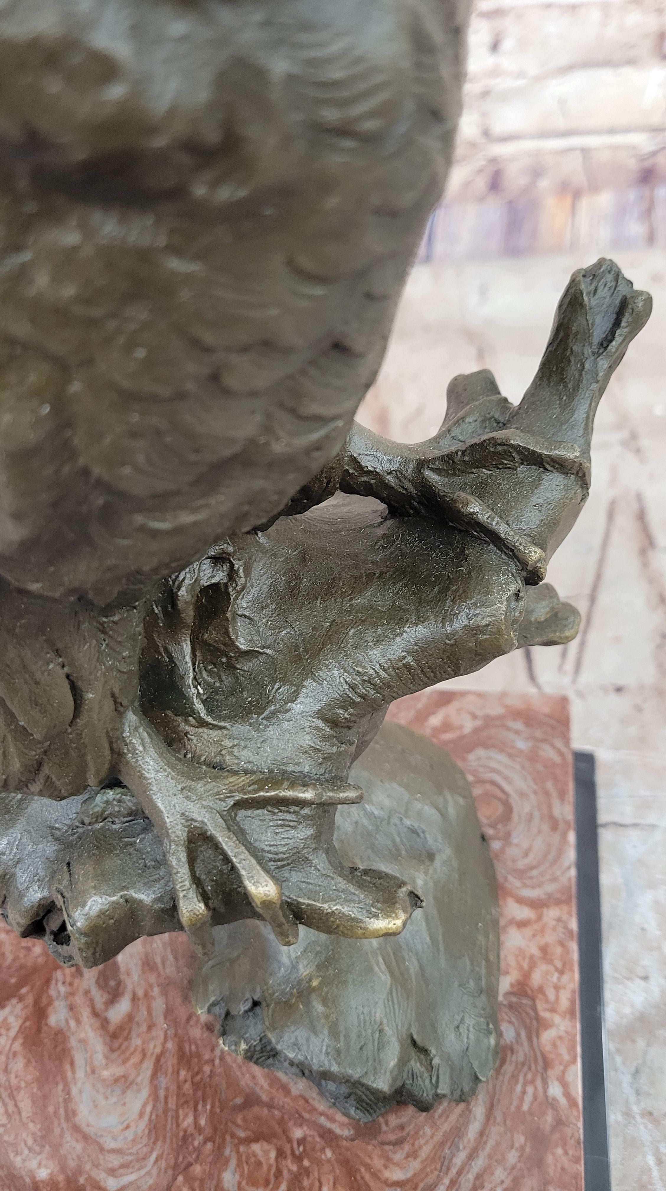 Milo Watchful Owl on Branch; Intricately Detailed Bronze Sculpture with Marble Base
