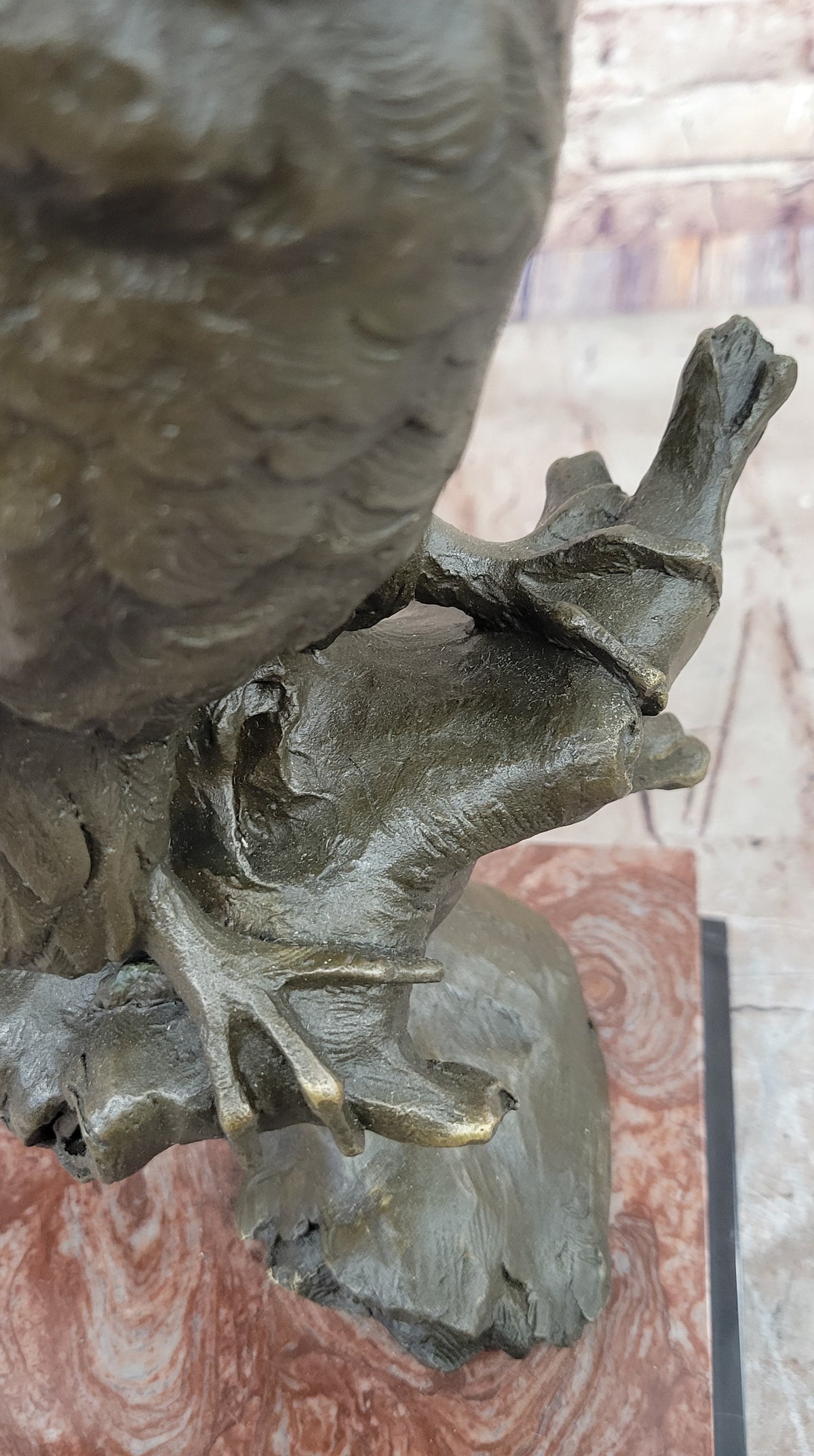 Milo Watchful Owl on Branch; Intricately Detailed Bronze Sculpture with Marble Base