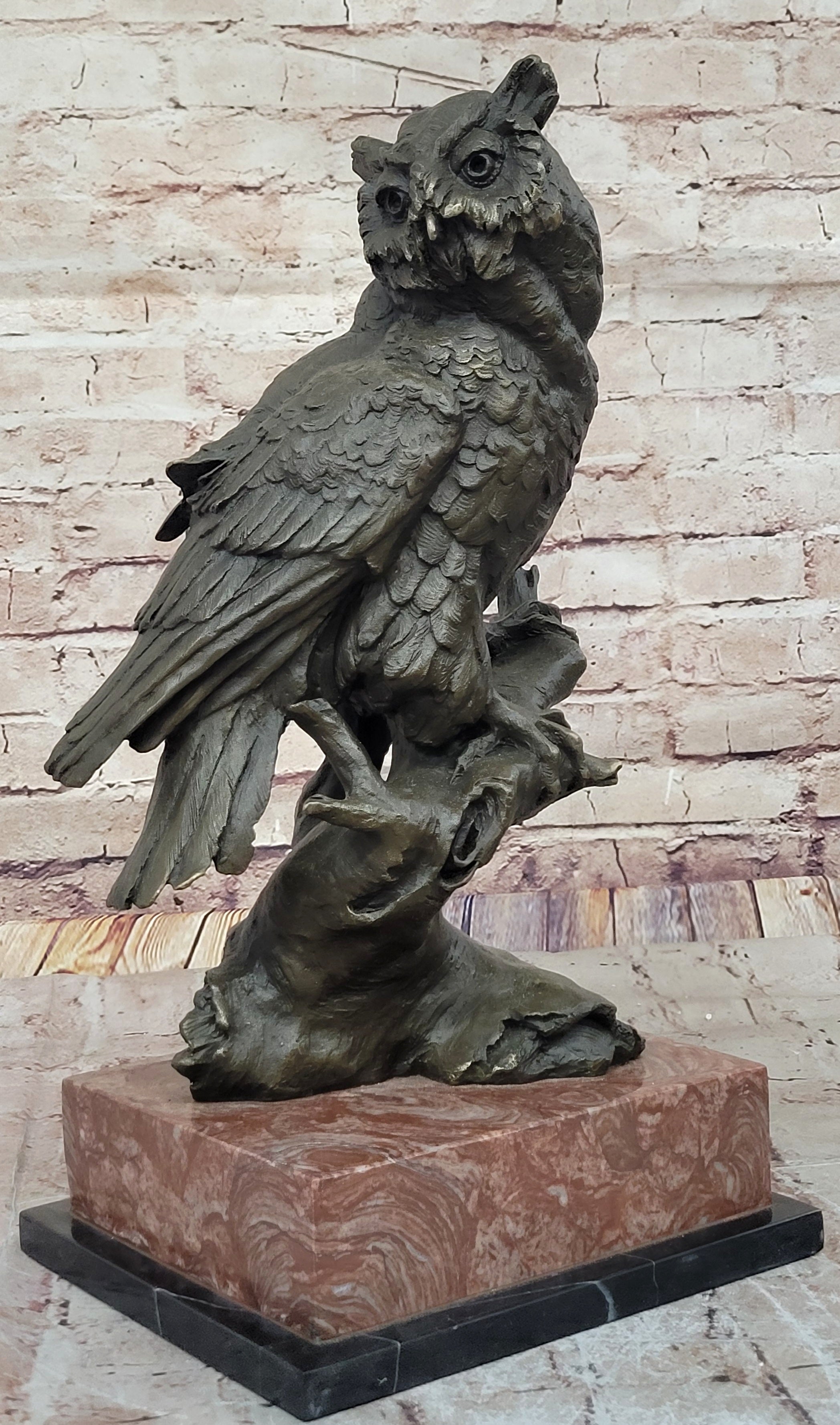 Milo Watchful Owl on Branch; Intricately Detailed Bronze Sculpture with Marble Base