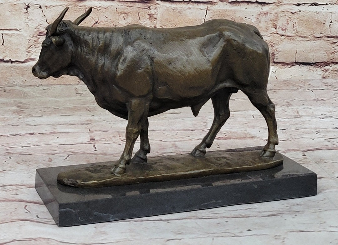 Bronze Bull Cow Cattle Sculpture Statue Figure on Marble Base by Milo