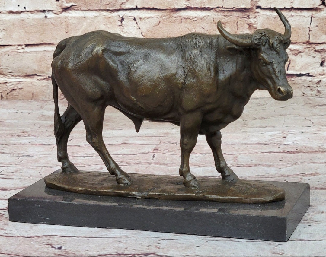Bronze Bull Cow Cattle Sculpture Statue Figure on Marble Base by Milo