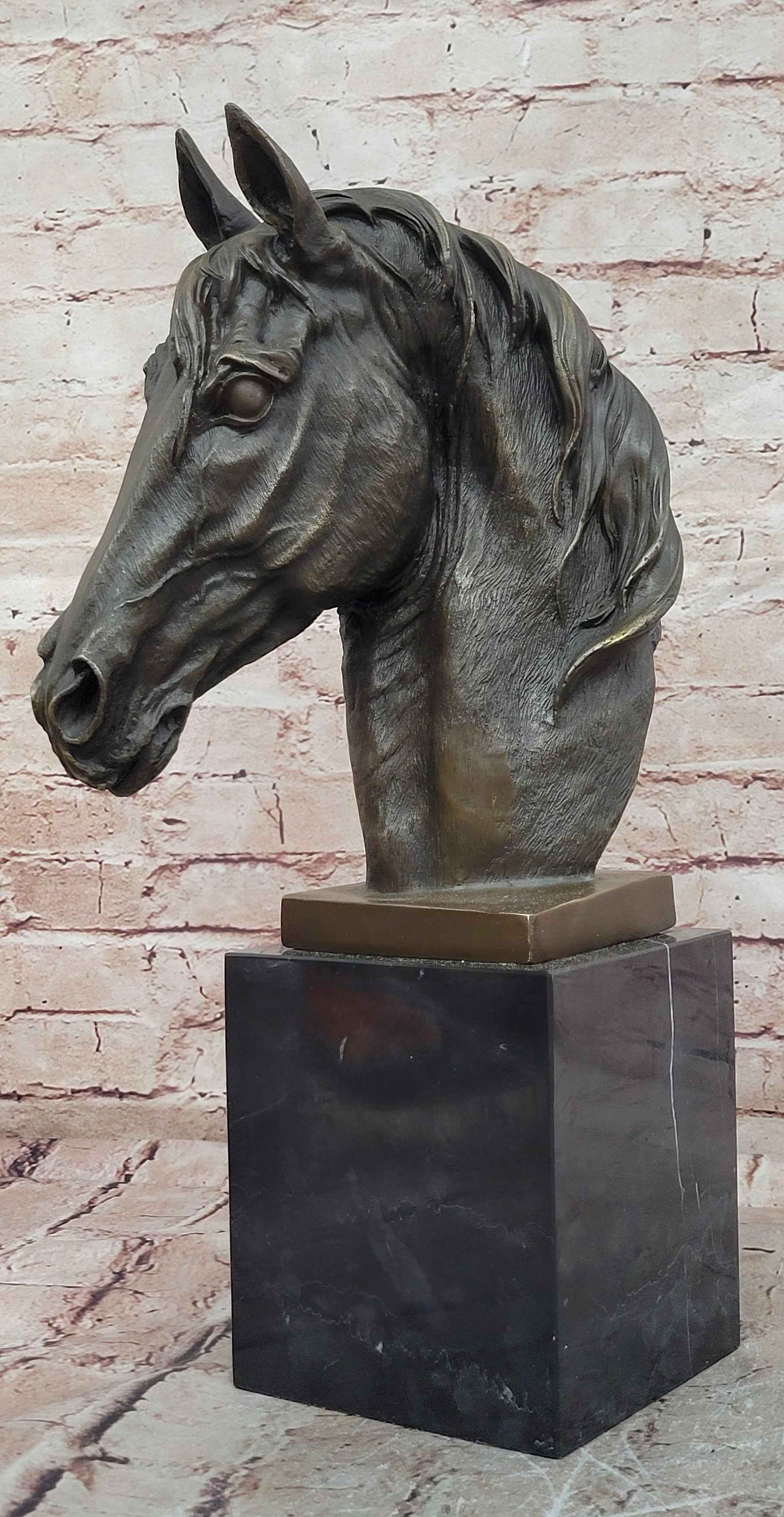 Realistic Bronze Horse Head Bust Sculpture on Marble Base by Milo