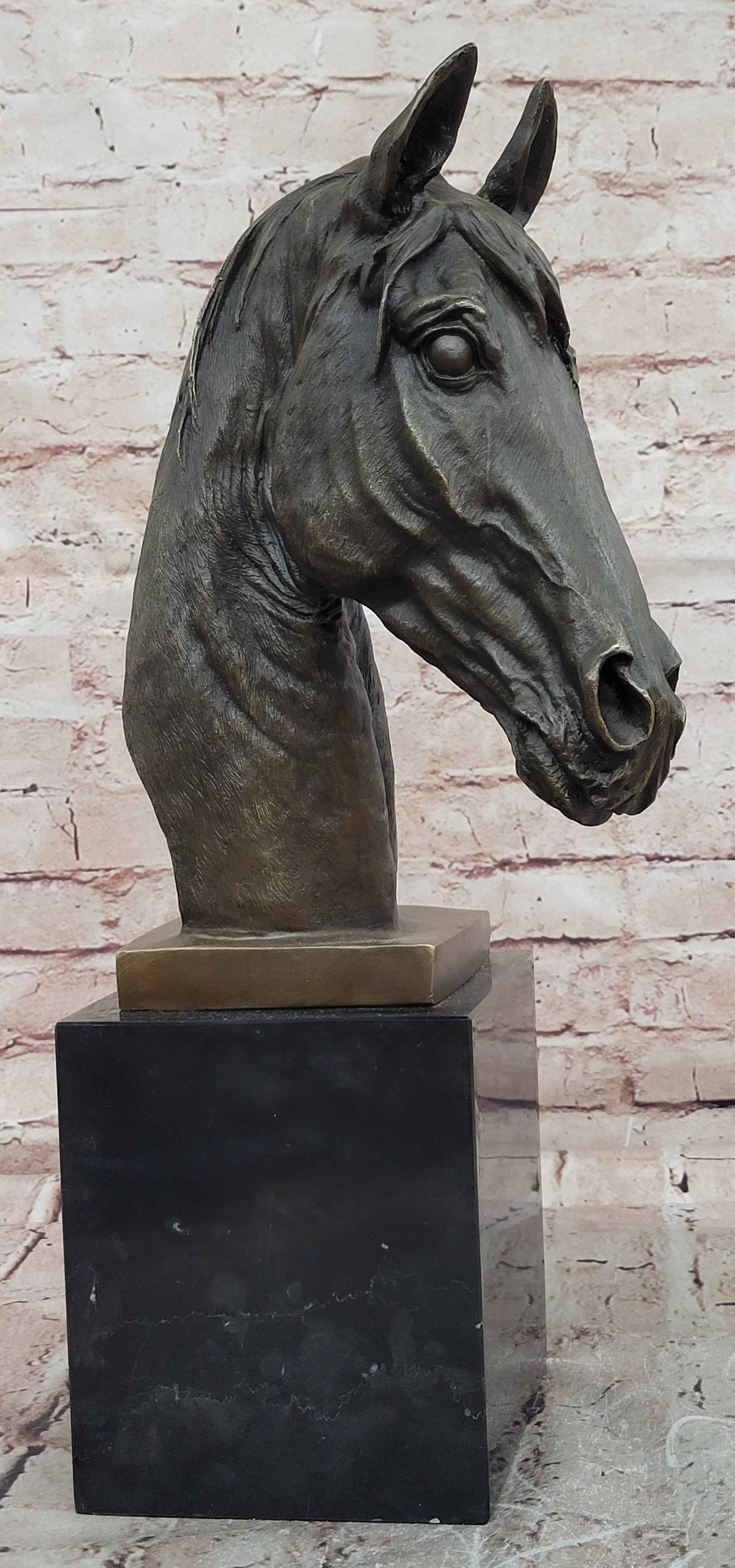 Realistic Bronze Horse Head Bust Sculpture on Marble Base by Milo