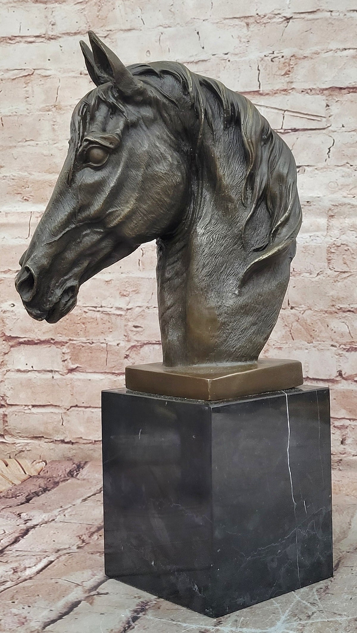 Realistic Bronze Horse Head Bust Sculpture on Marble Base by Milo