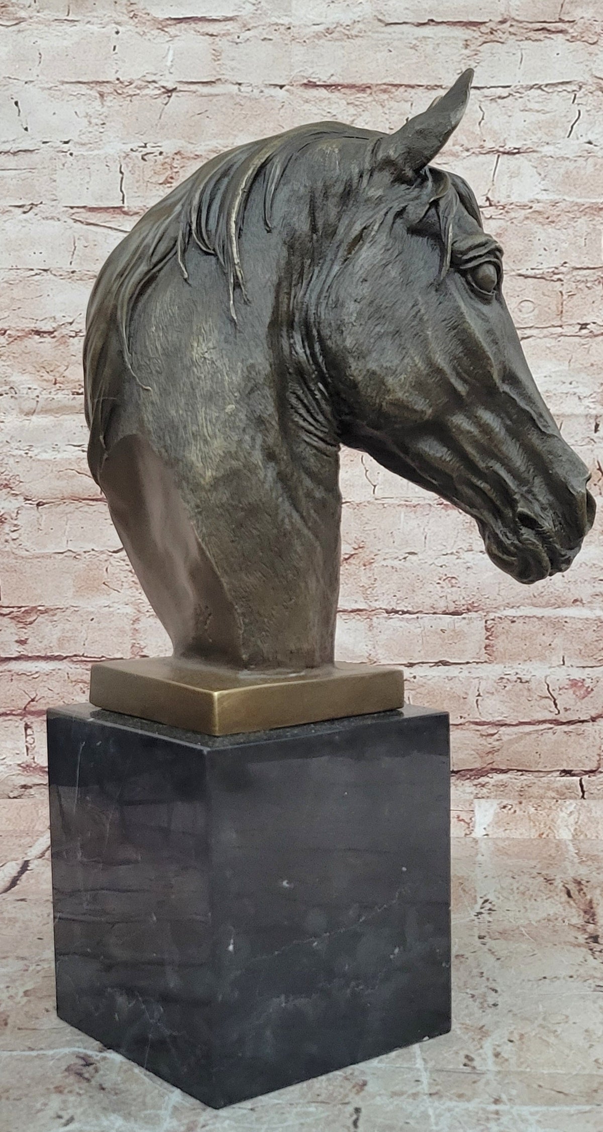 Realistic Bronze Horse Head Bust Sculpture on Marble Base by Milo