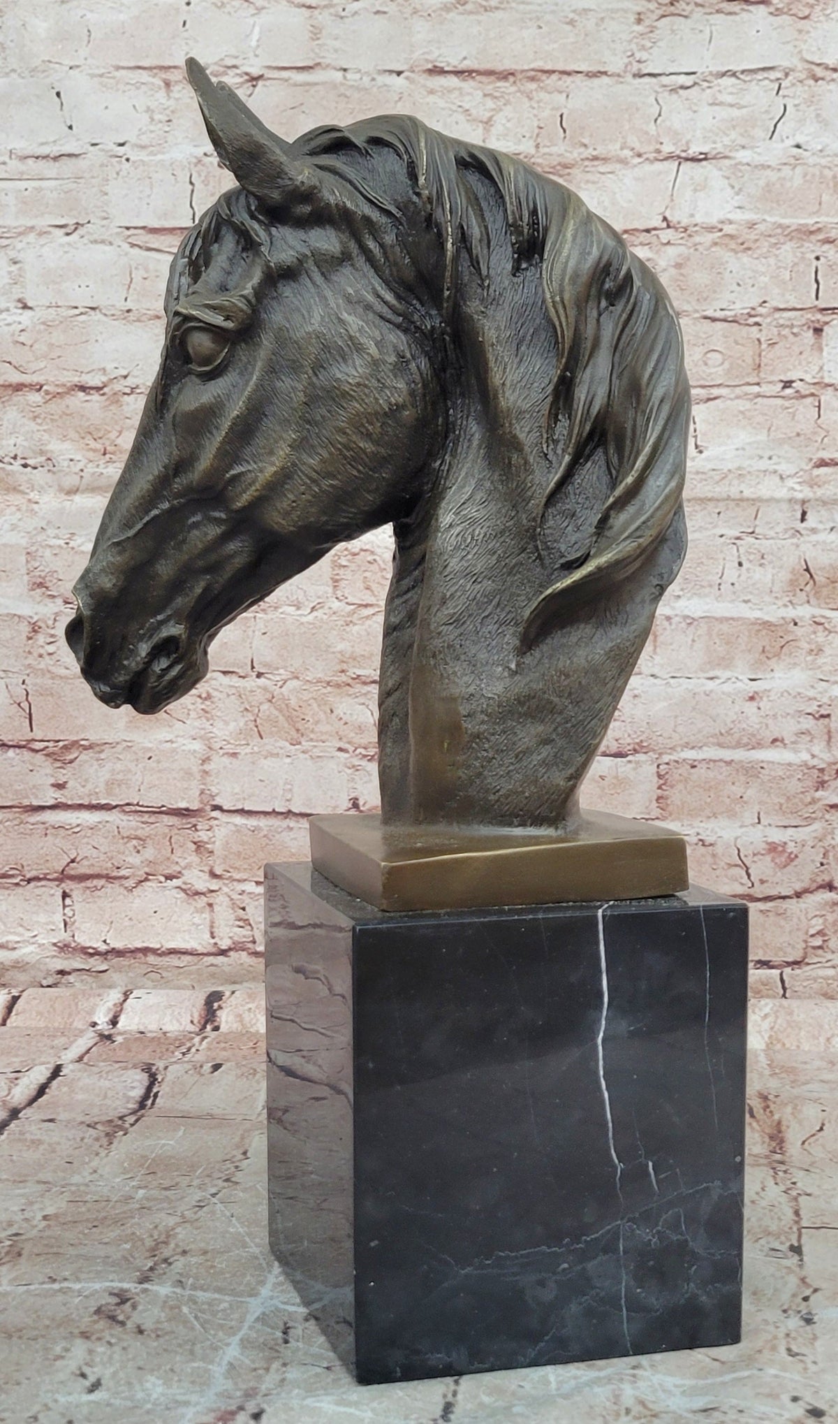 Realistic Bronze Horse Head Bust Sculpture on Marble Base by Milo
