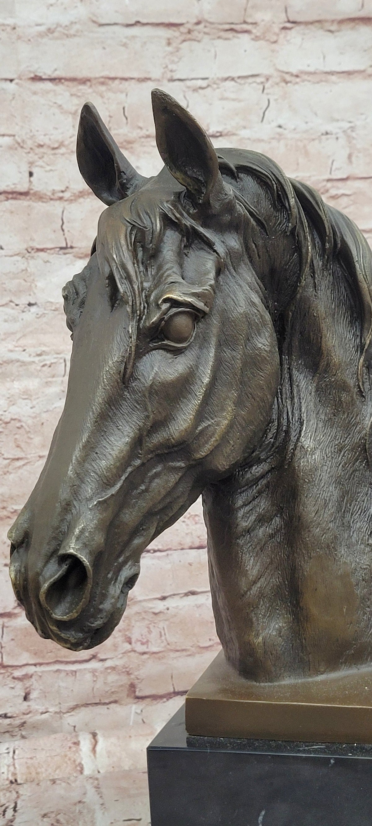 Realistic Bronze Horse Head Bust Sculpture on Marble Base by Milo