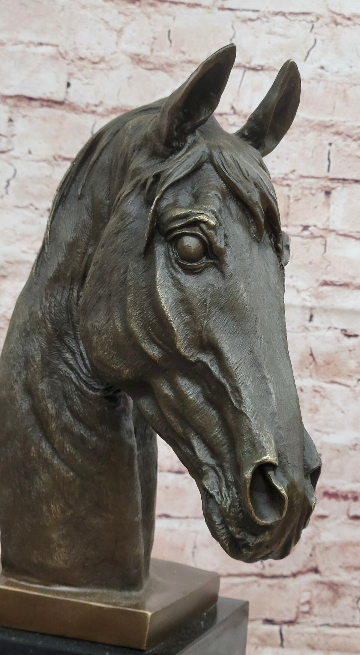 Realistic Bronze Horse Head Bust Sculpture on Marble Base by Milo