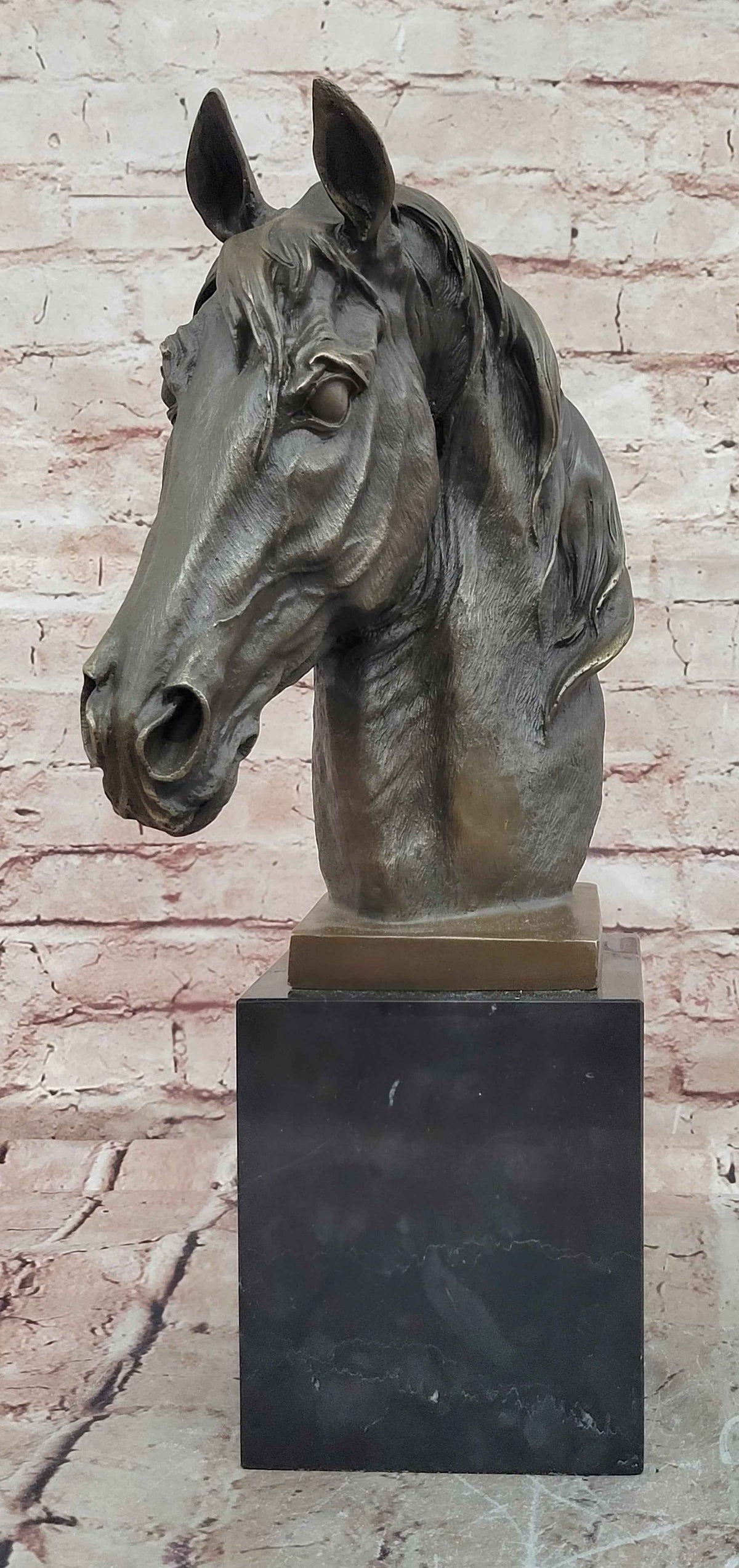 Realistic Bronze Horse Head Bust Sculpture on Marble Base by Milo