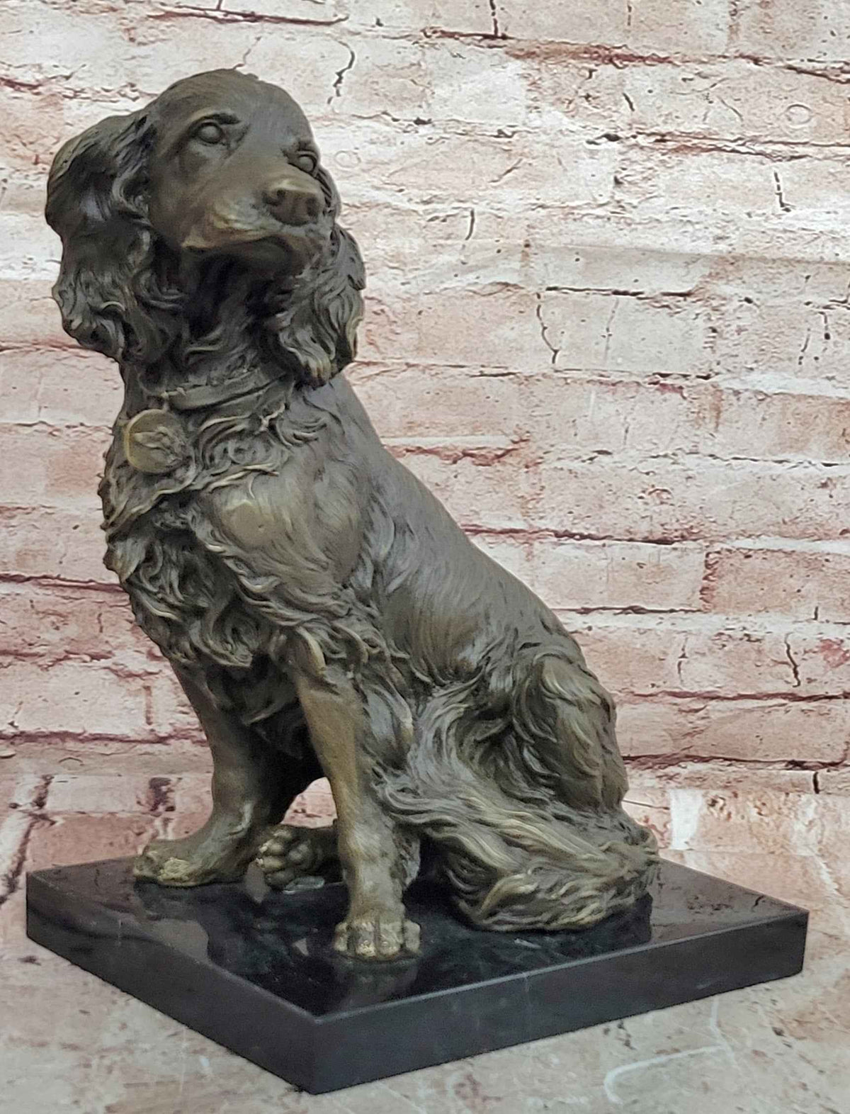 Bronze Seated Spaniel Dog Sculpture on Marble Base