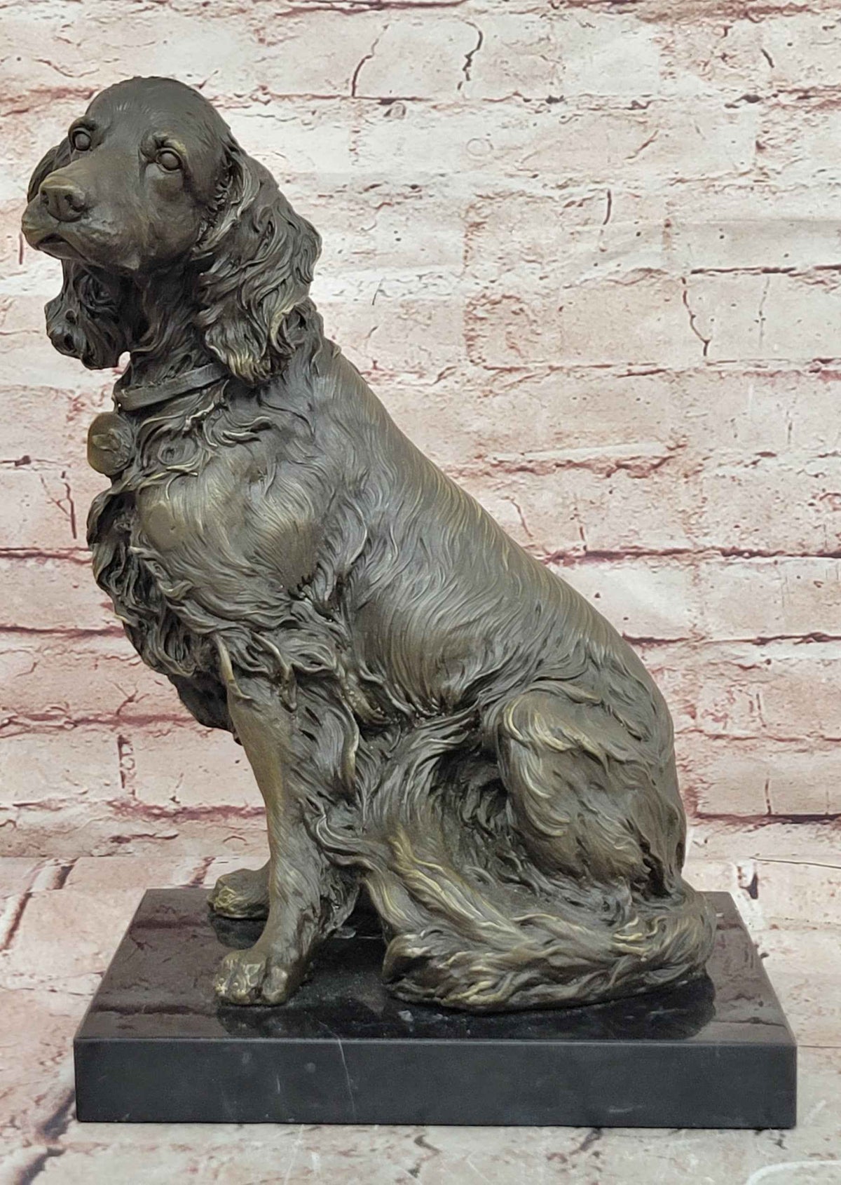 Bronze Seated Spaniel Dog Sculpture on Marble Base