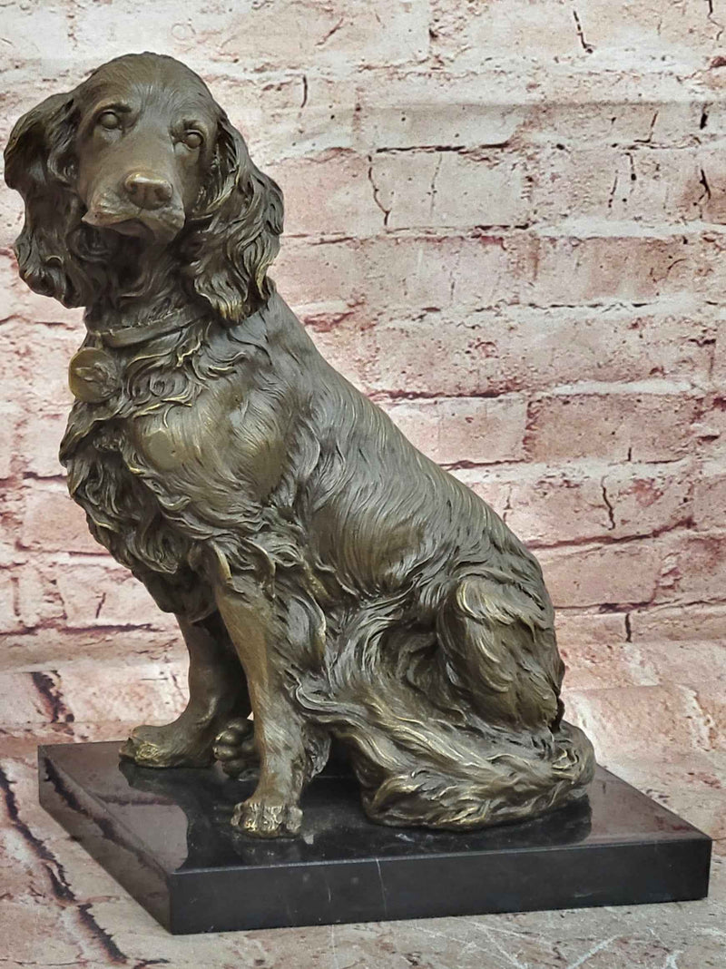 Bronze Seated Spaniel Dog Sculpture on Marble Base