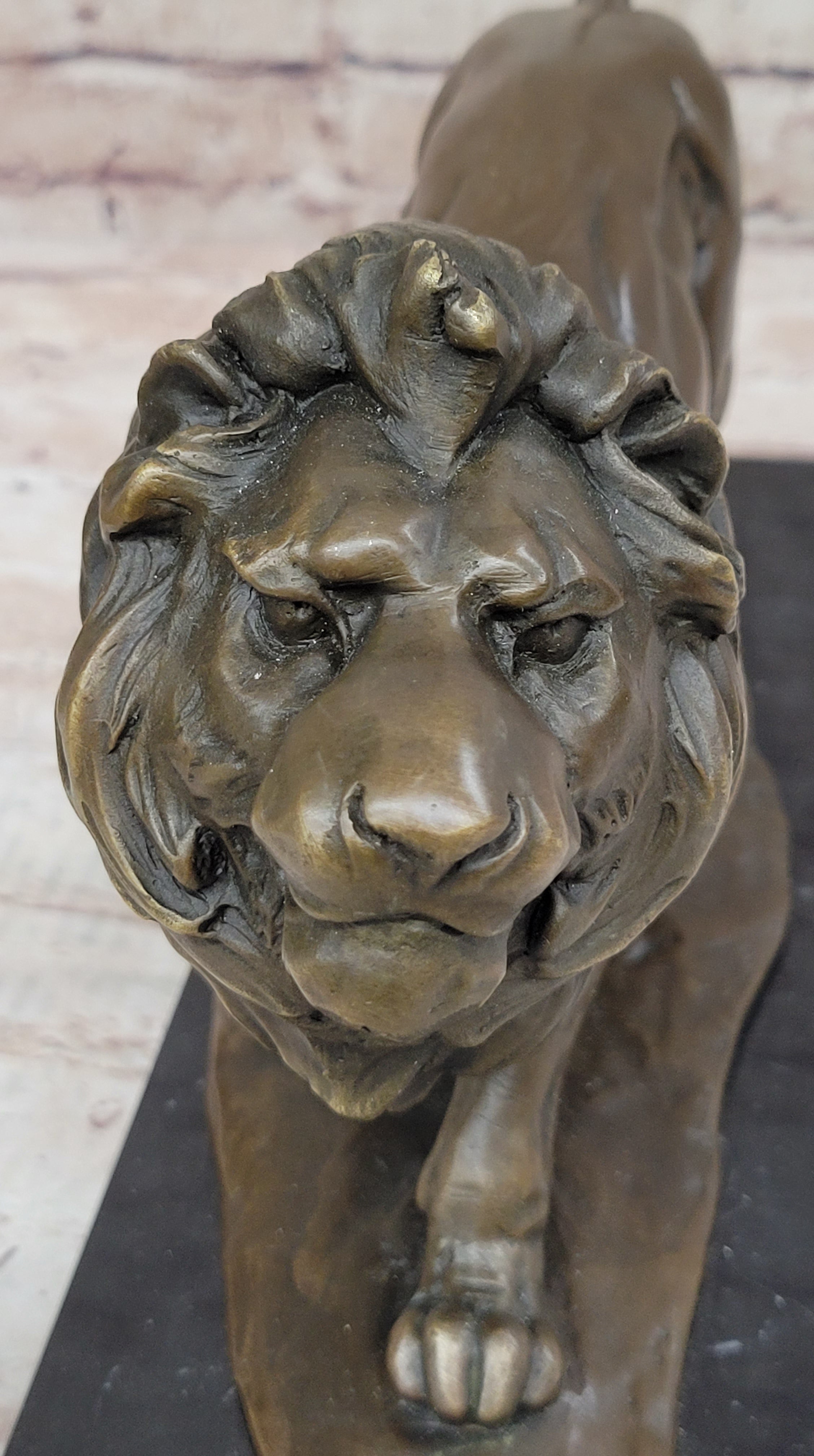 Walking Lion Bronze Sculpture Statue Figure on Marble Base Signed Milo