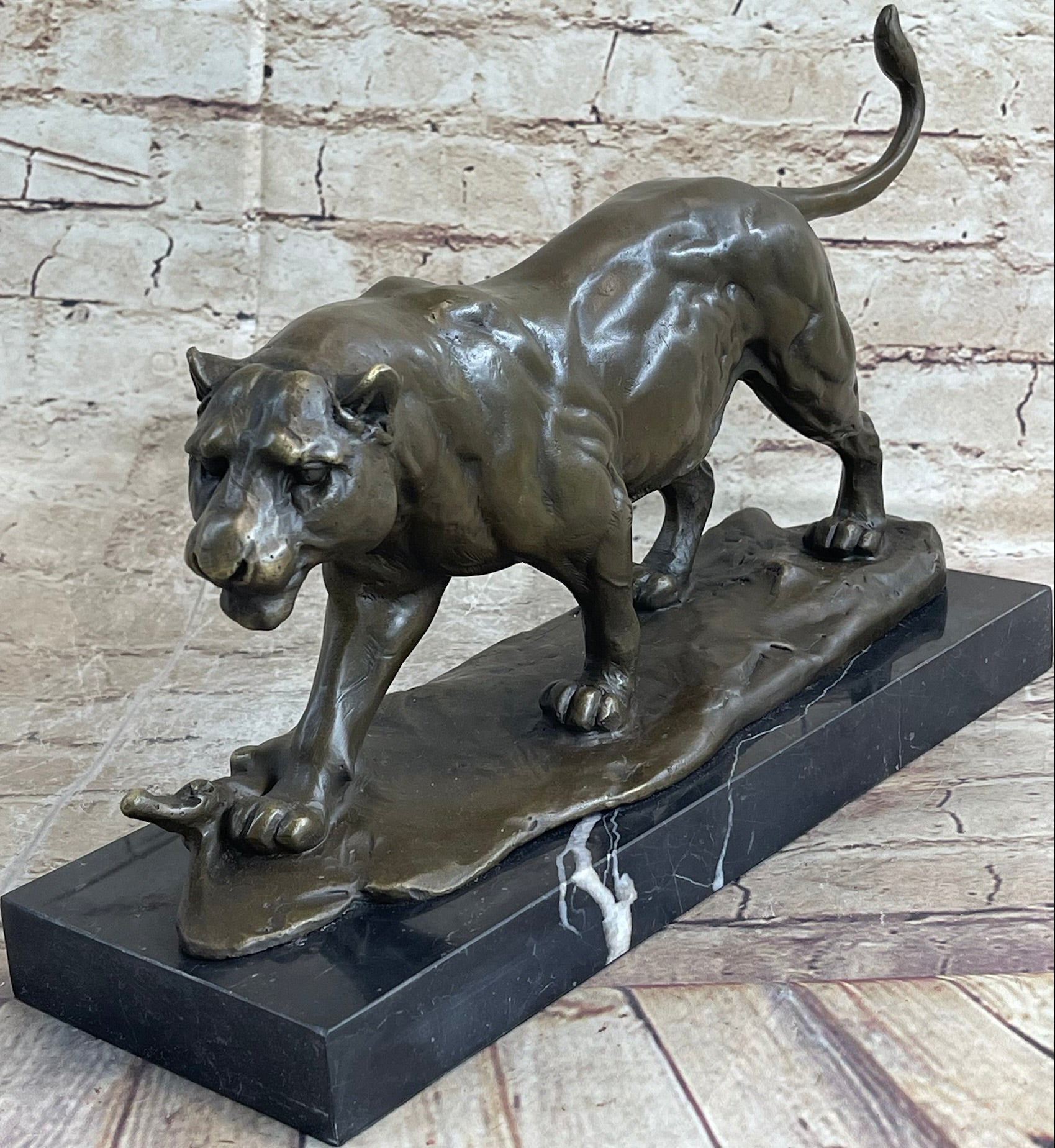Panther Mountain Lion Big Cat Bronze Statue Sculpture Figure on Marble Base