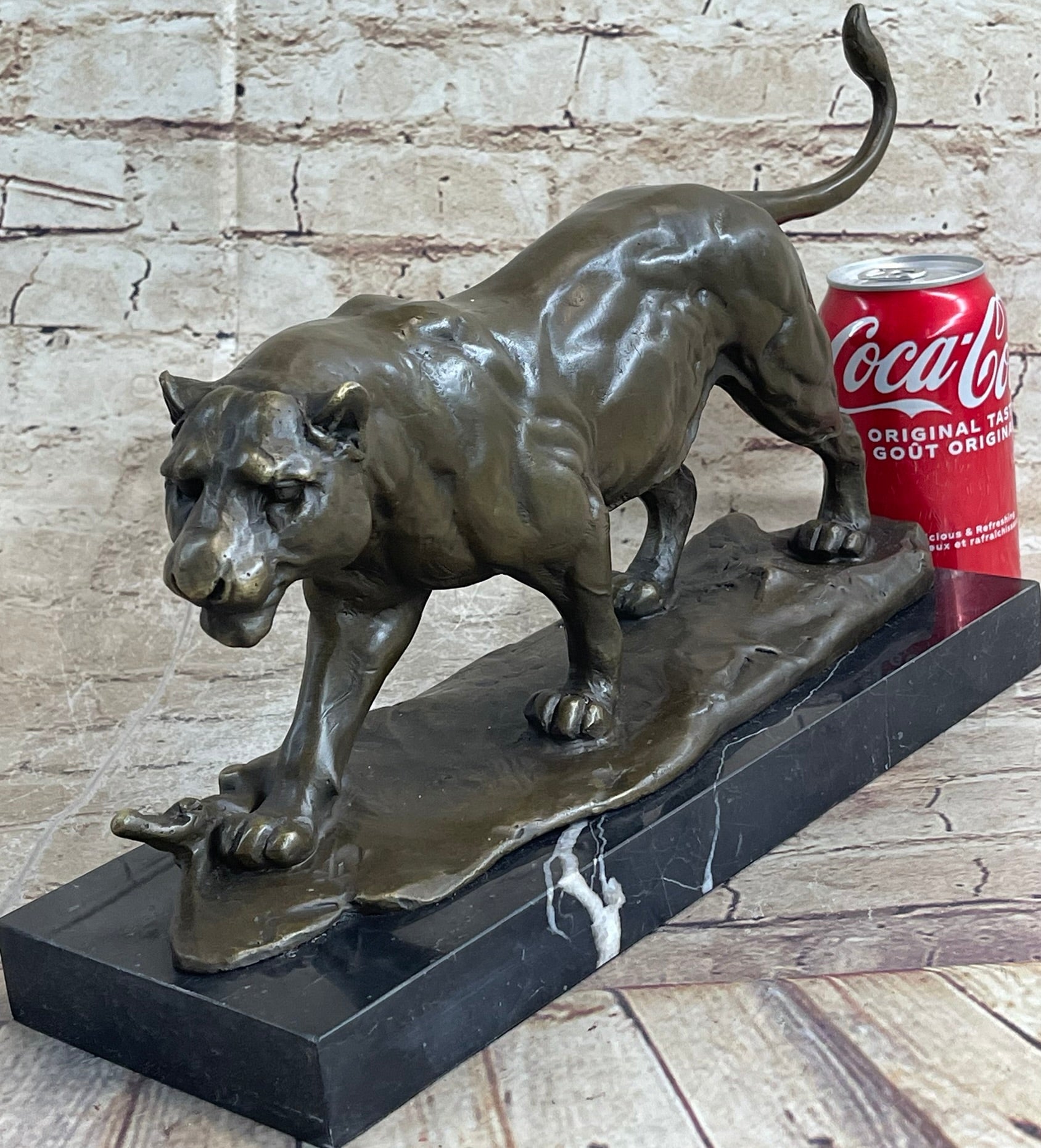 Panther Mountain Lion Big Cat Bronze Statue Sculpture Figure on Marble Base