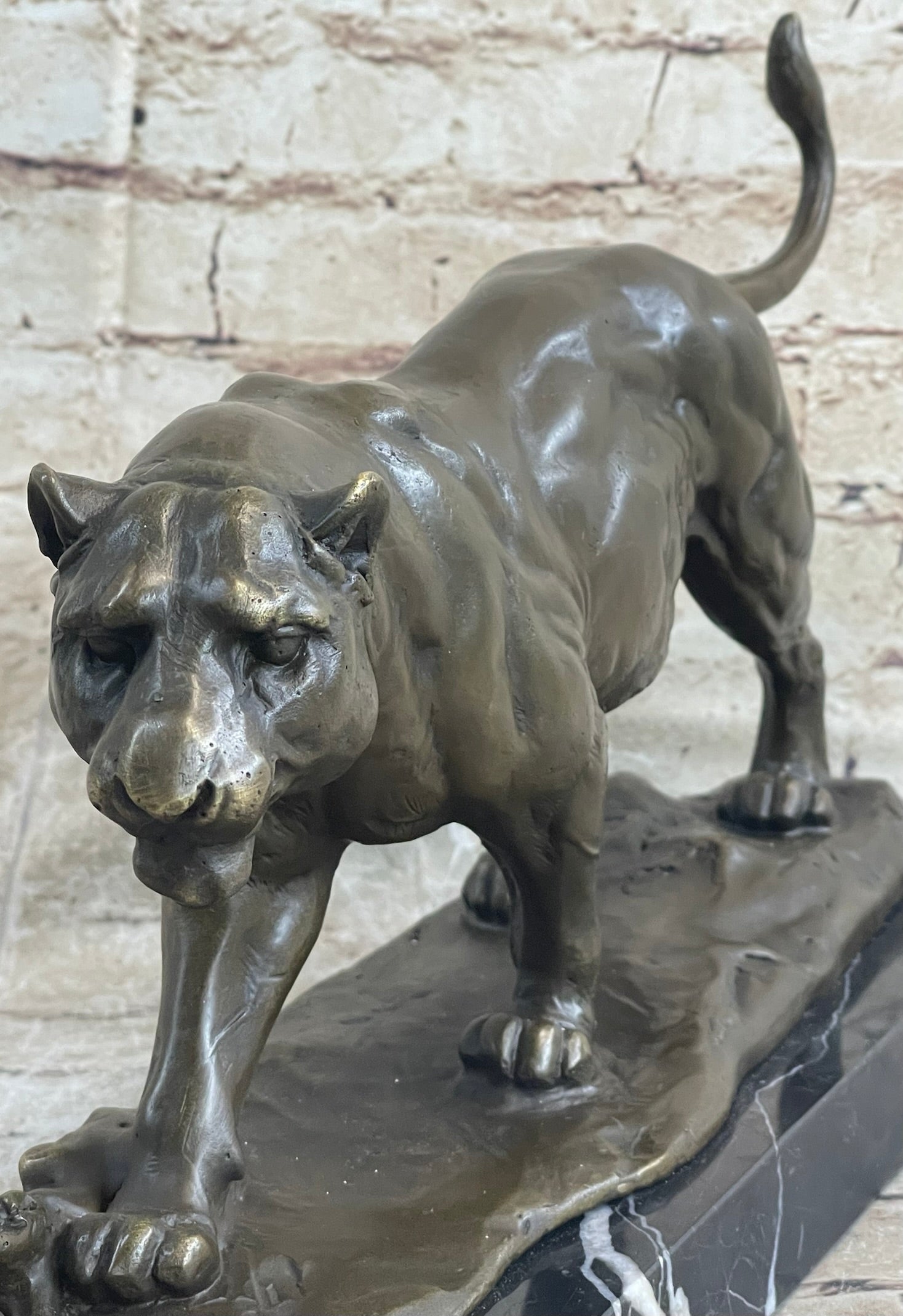 Panther Mountain Lion Big Cat Bronze Statue Sculpture Figure on Marble Base