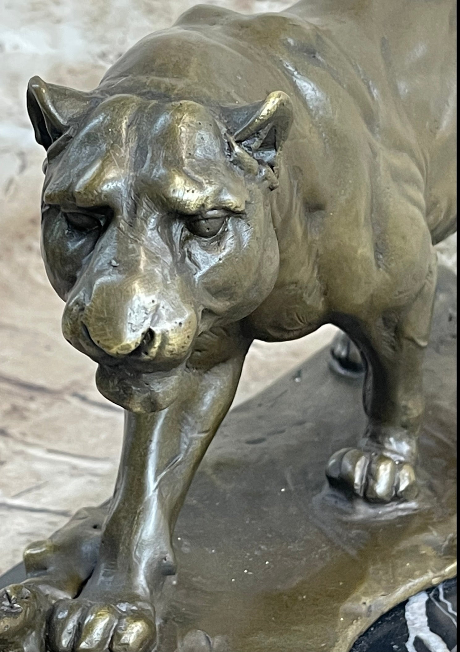 Panther Mountain Lion Big Cat Bronze Statue Sculpture Figure on Marble Base