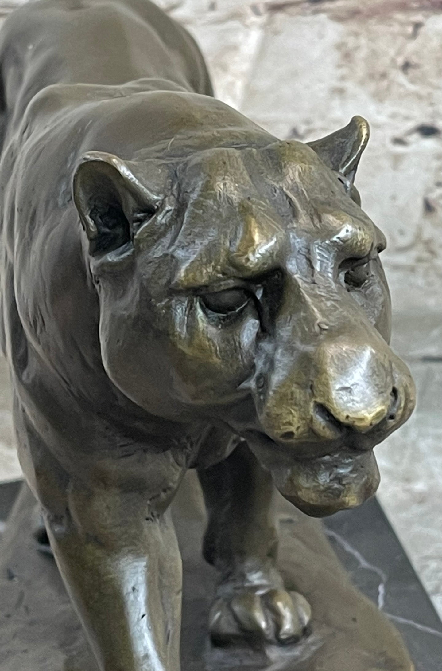 Panther Mountain Lion Big Cat Bronze Statue Sculpture Figure on Marble Base