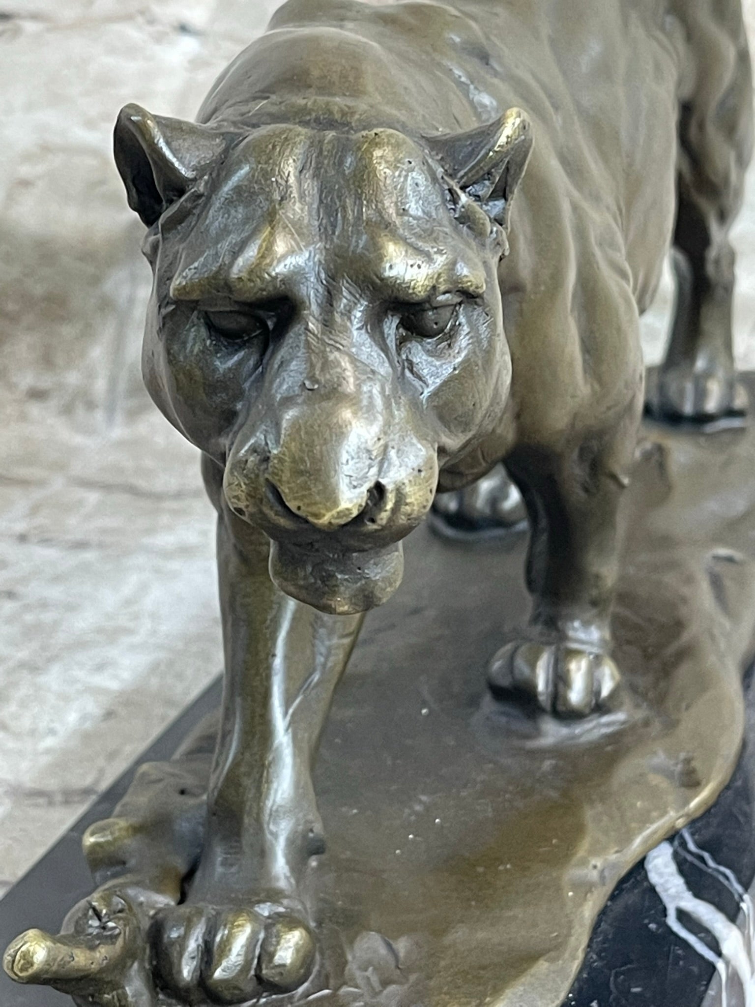 Panther Mountain Lion Big Cat Bronze Statue Sculpture Figure on Marble Base