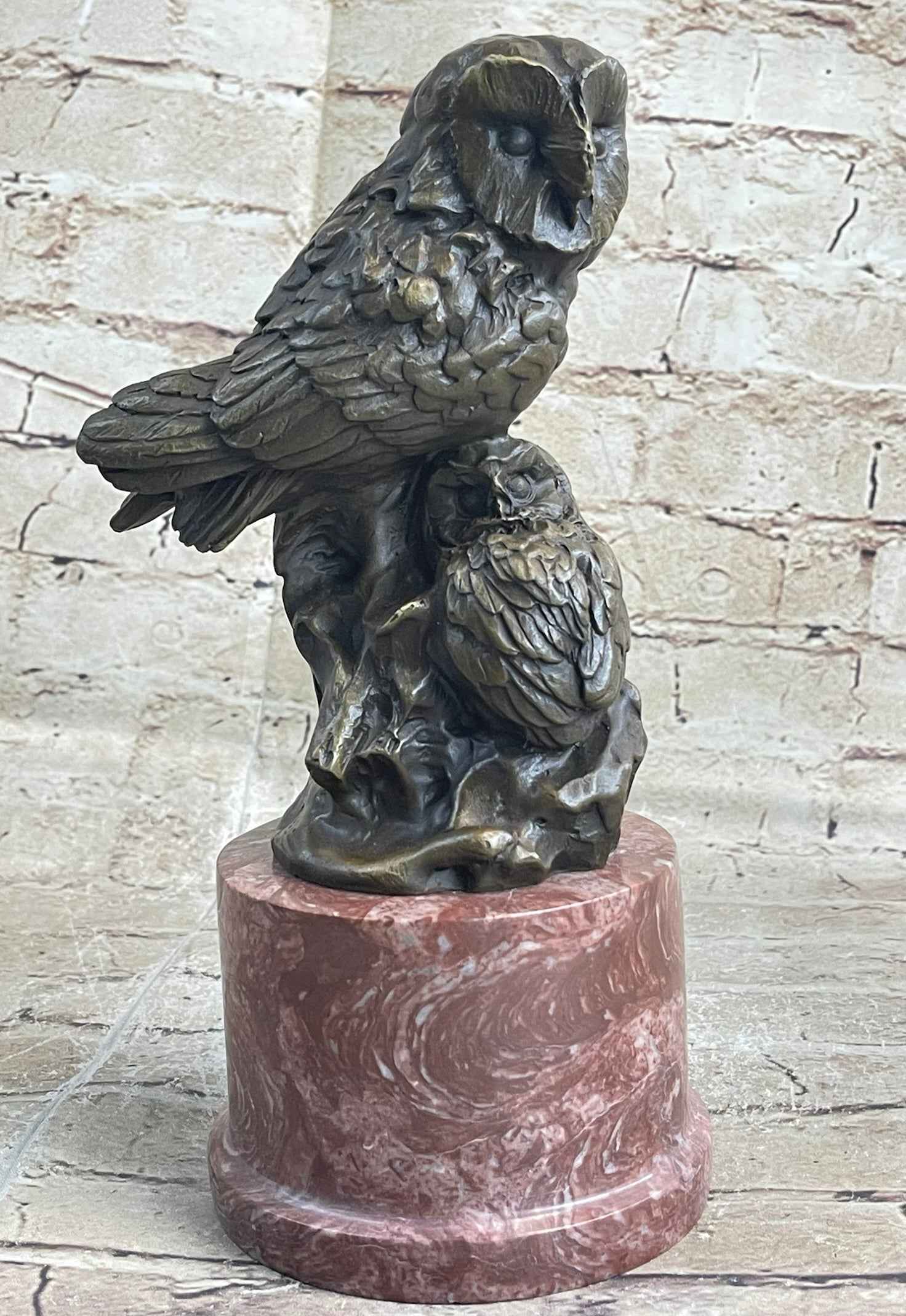Bronze Sculpture Statue of Two Owls Birds on a Red Marble Base Signed Milo