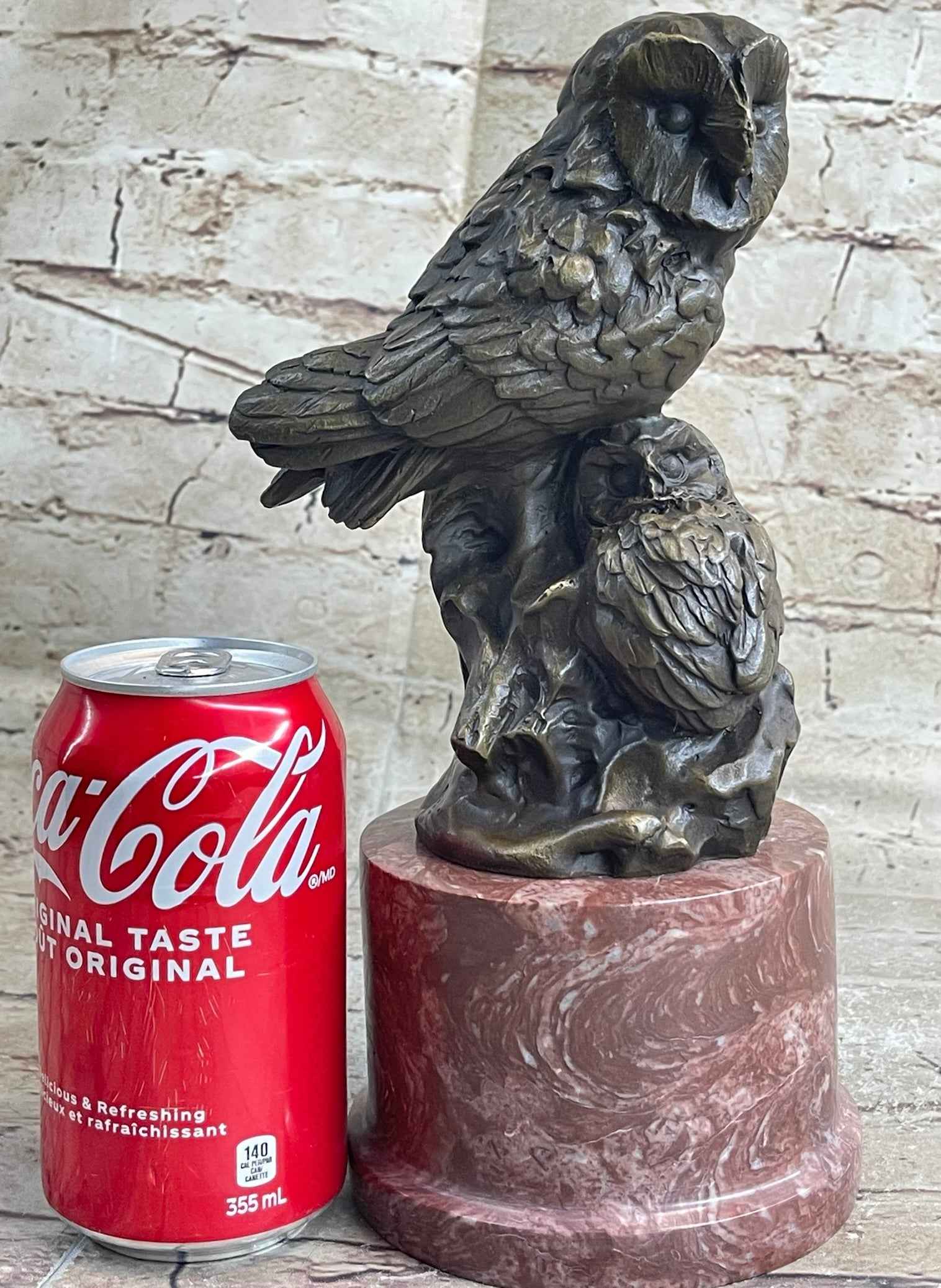 Bronze Sculpture Statue of Two Owls Birds on a Red Marble Base Signed Milo