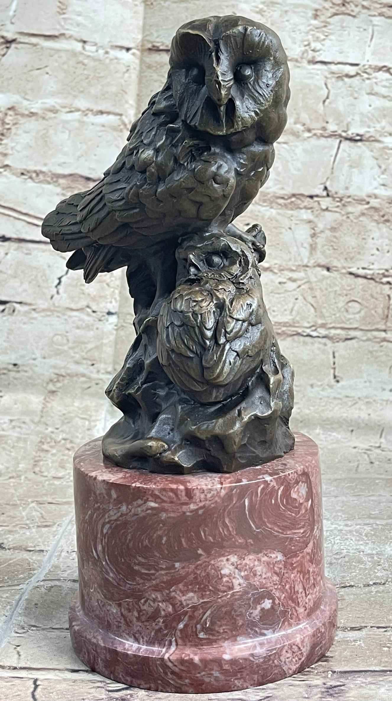 Bronze Sculpture Statue of Two Owls Birds on a Red Marble Base Signed Milo