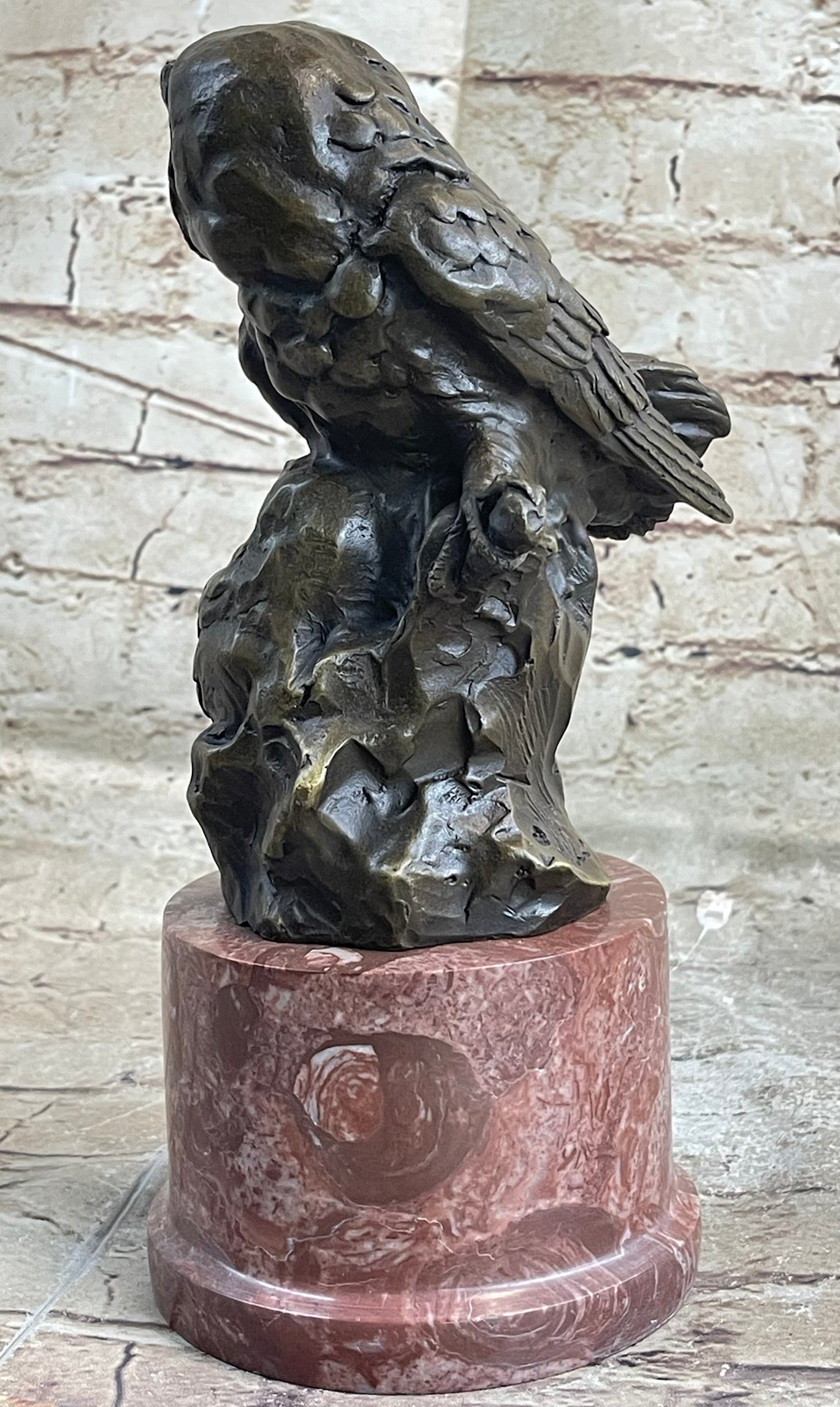 Bronze Sculpture Statue of Two Owls Birds on a Red Marble Base Signed Milo