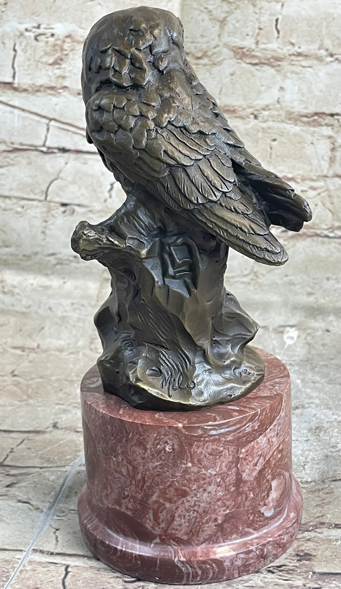 Bronze Sculpture Statue of Two Owls Birds on a Red Marble Base Signed Milo