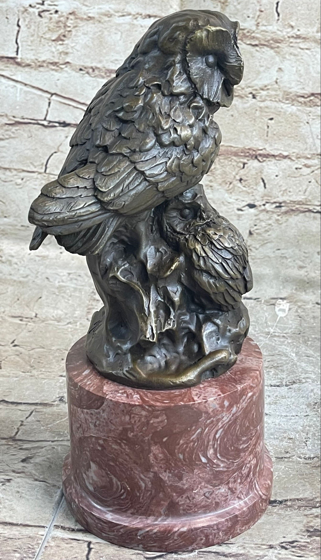Bronze Sculpture Statue of Two Owls Birds on a Red Marble Base Signed Milo