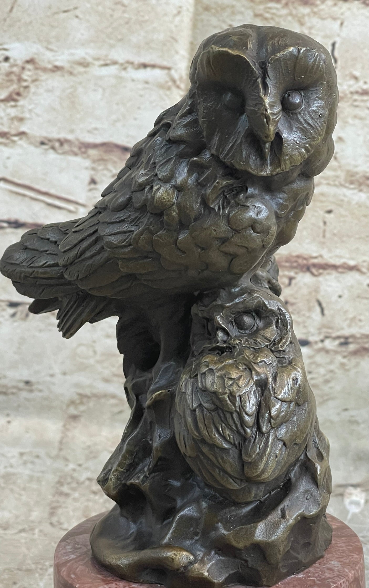 Bronze Sculpture Statue of Two Owls Birds on a Red Marble Base Signed Milo