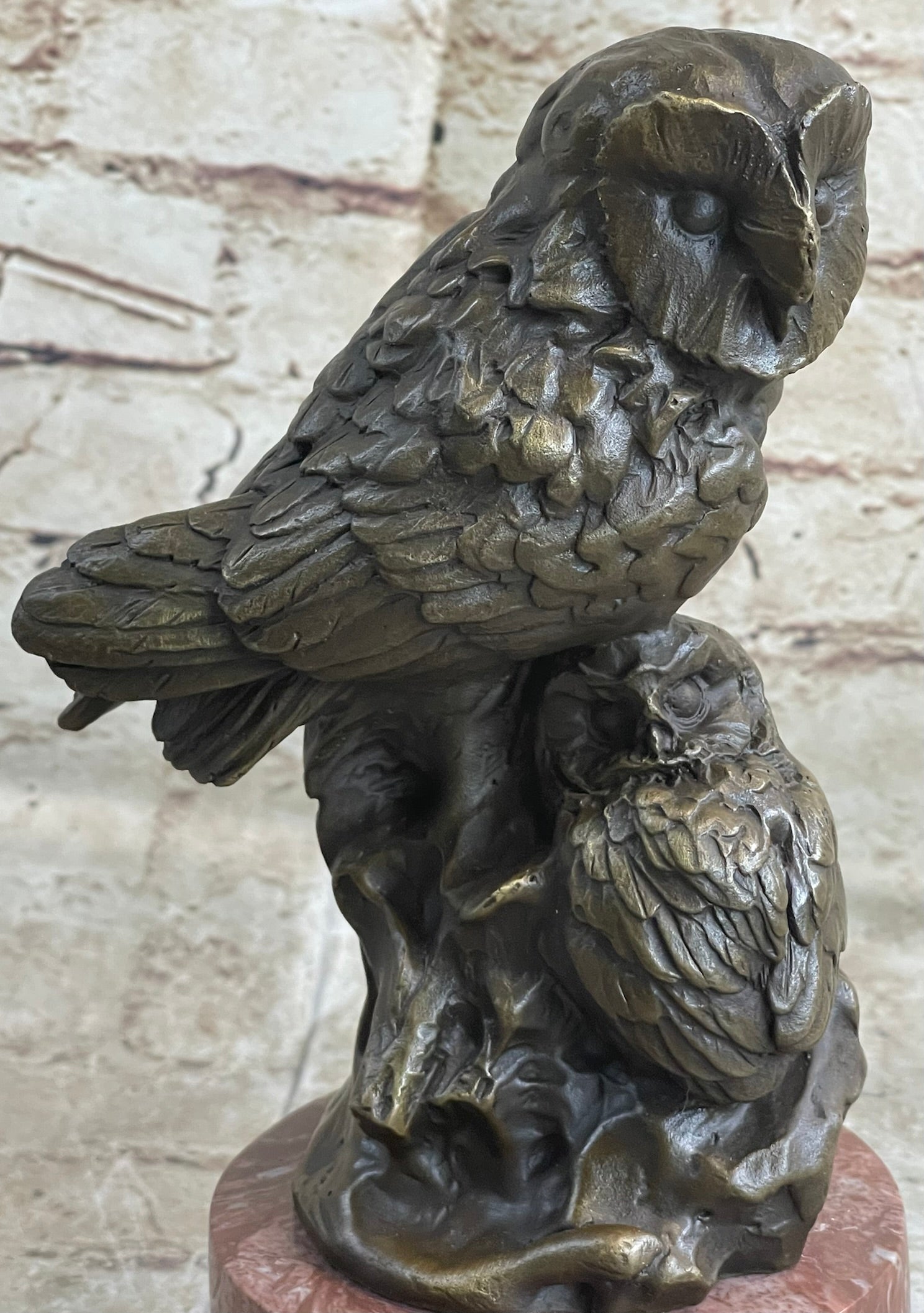 Bronze Sculpture Statue of Two Owls Birds on a Red Marble Base Signed Milo