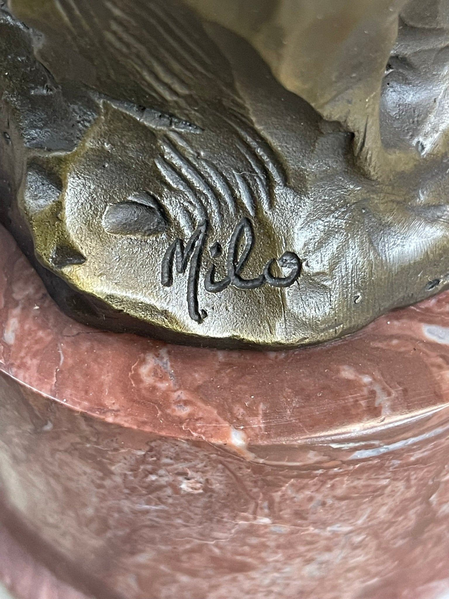Bronze Sculpture Statue of Two Owls Birds on a Red Marble Base Signed Milo