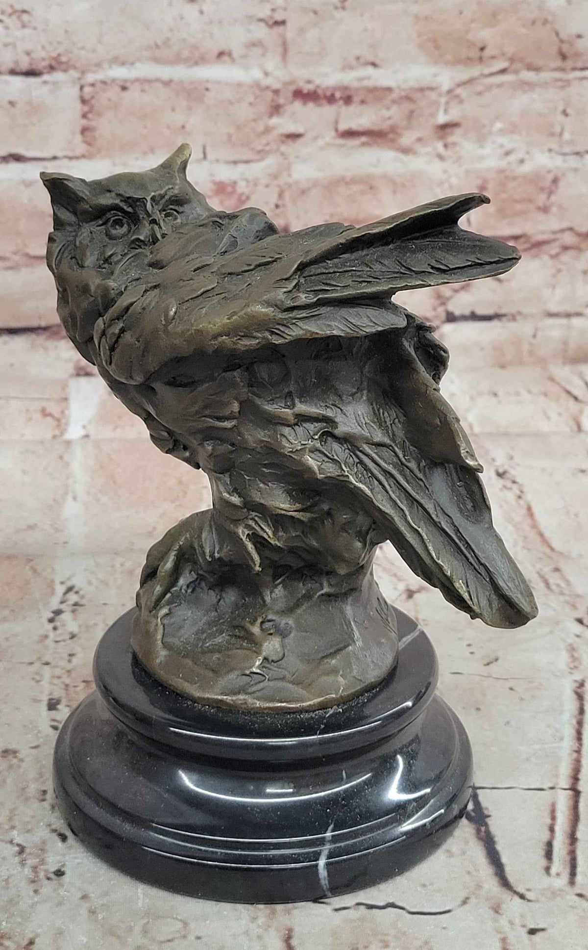 Bronze Owl Bust Sculpture – Winged Bird Art Statue on Marble Base