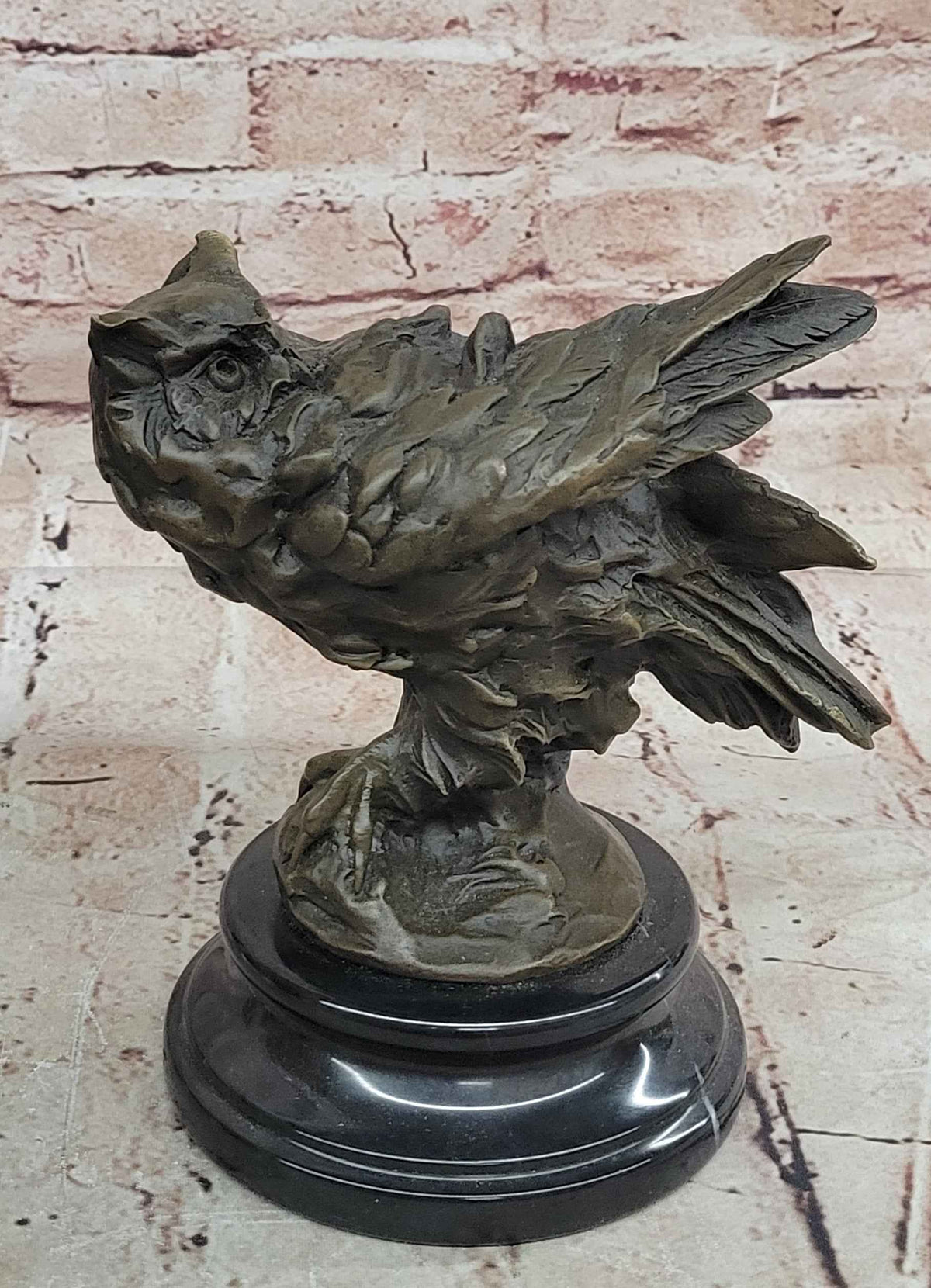 Bronze Owl Bust Sculpture – Winged Bird Art Statue on Marble Base