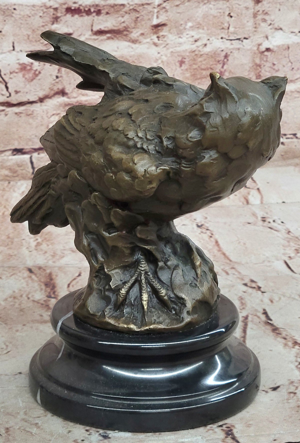 Bronze Owl Bust Sculpture – Winged Bird Art Statue on Marble Base