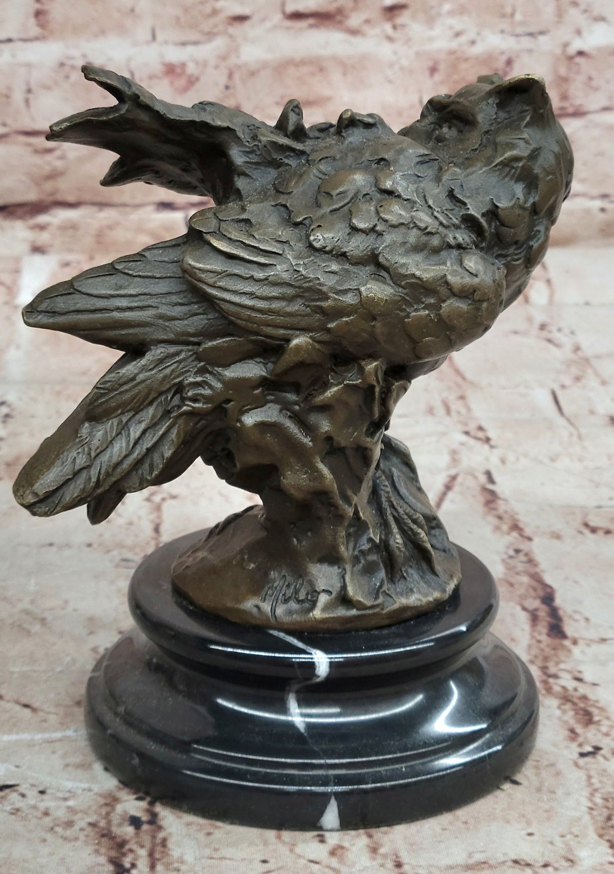 Bronze Owl Bust Sculpture – Winged Bird Art Statue on Marble Base