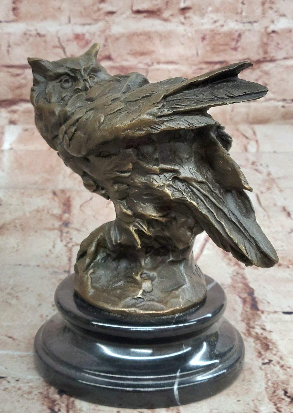 Bronze Owl Bust Sculpture – Winged Bird Art Statue on Marble Base
