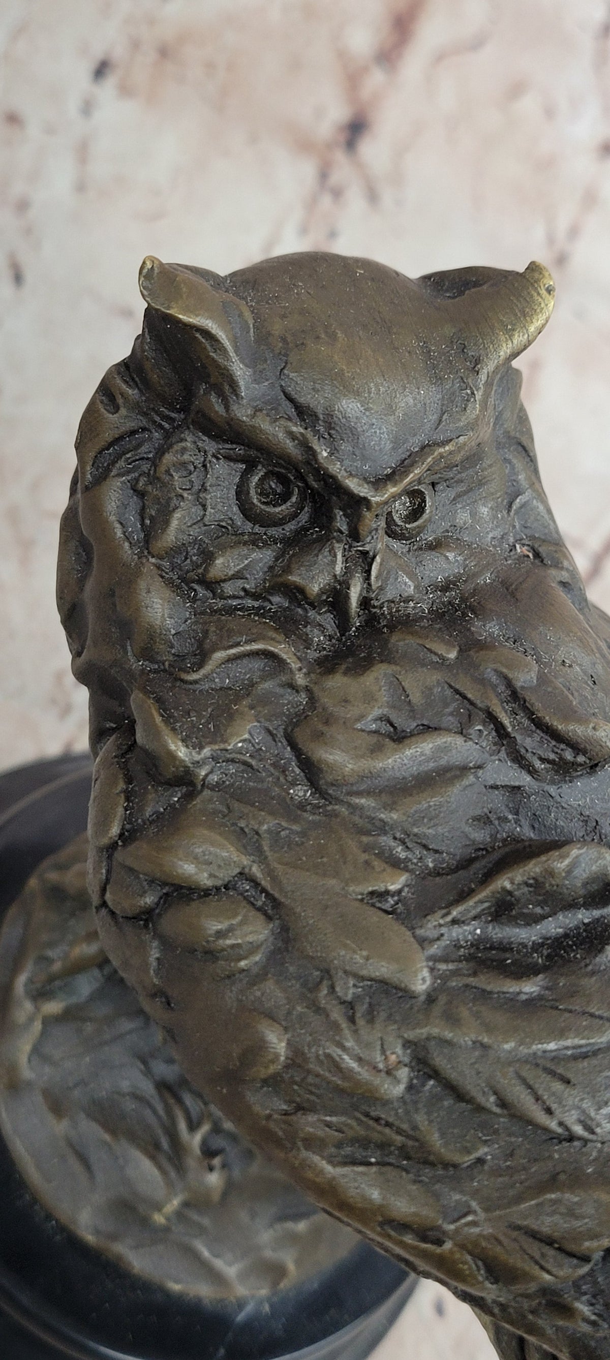 Bronze Owl Bust Sculpture – Winged Bird Art Statue on Marble Base