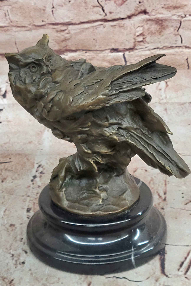 Bronze Owl Bust Sculpture – Winged Bird Art Statue on Marble Base