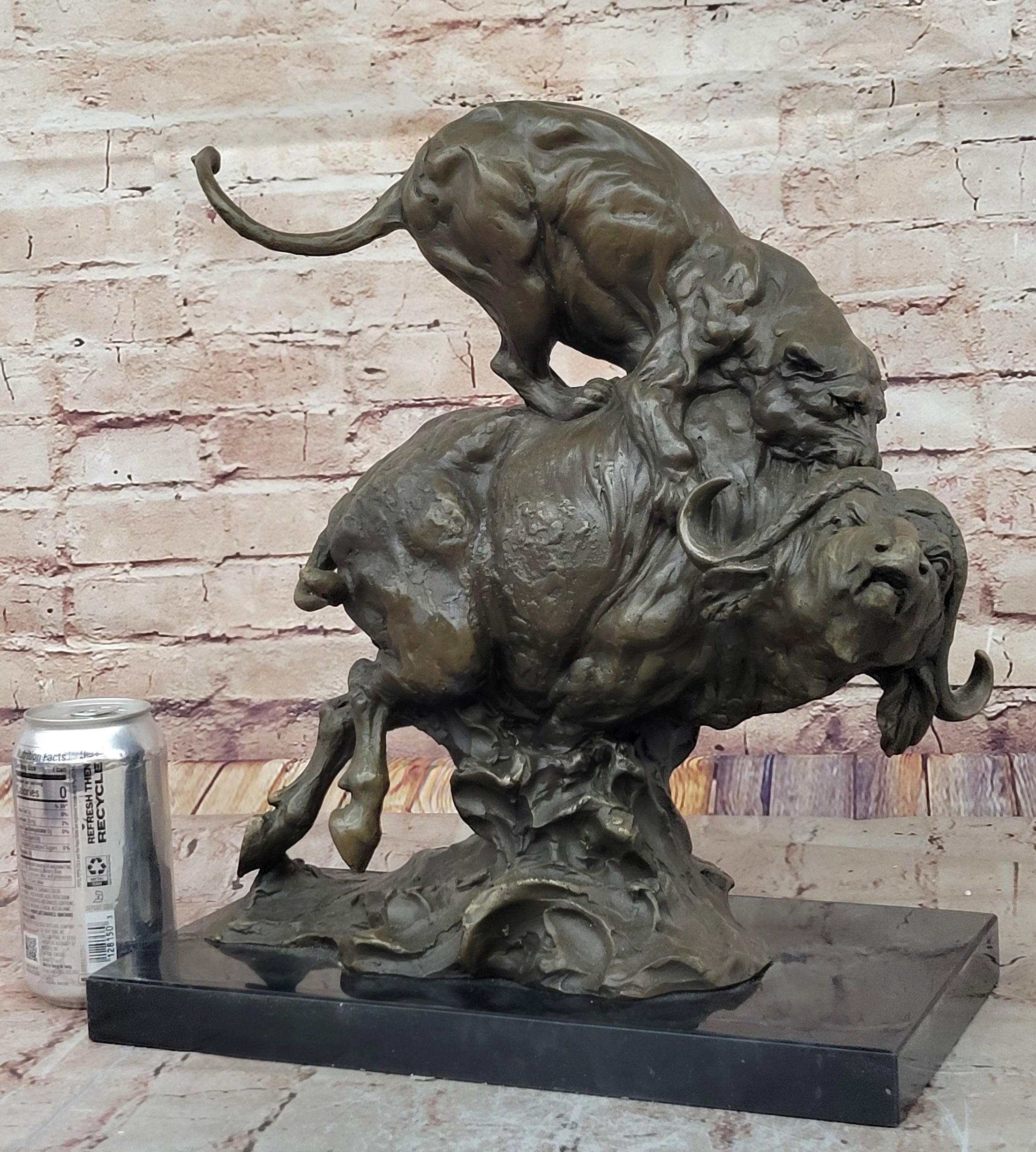 Fierce Lion vs. Buffalo; Hot Cast Bronze Wildlife Sculpture by Milo