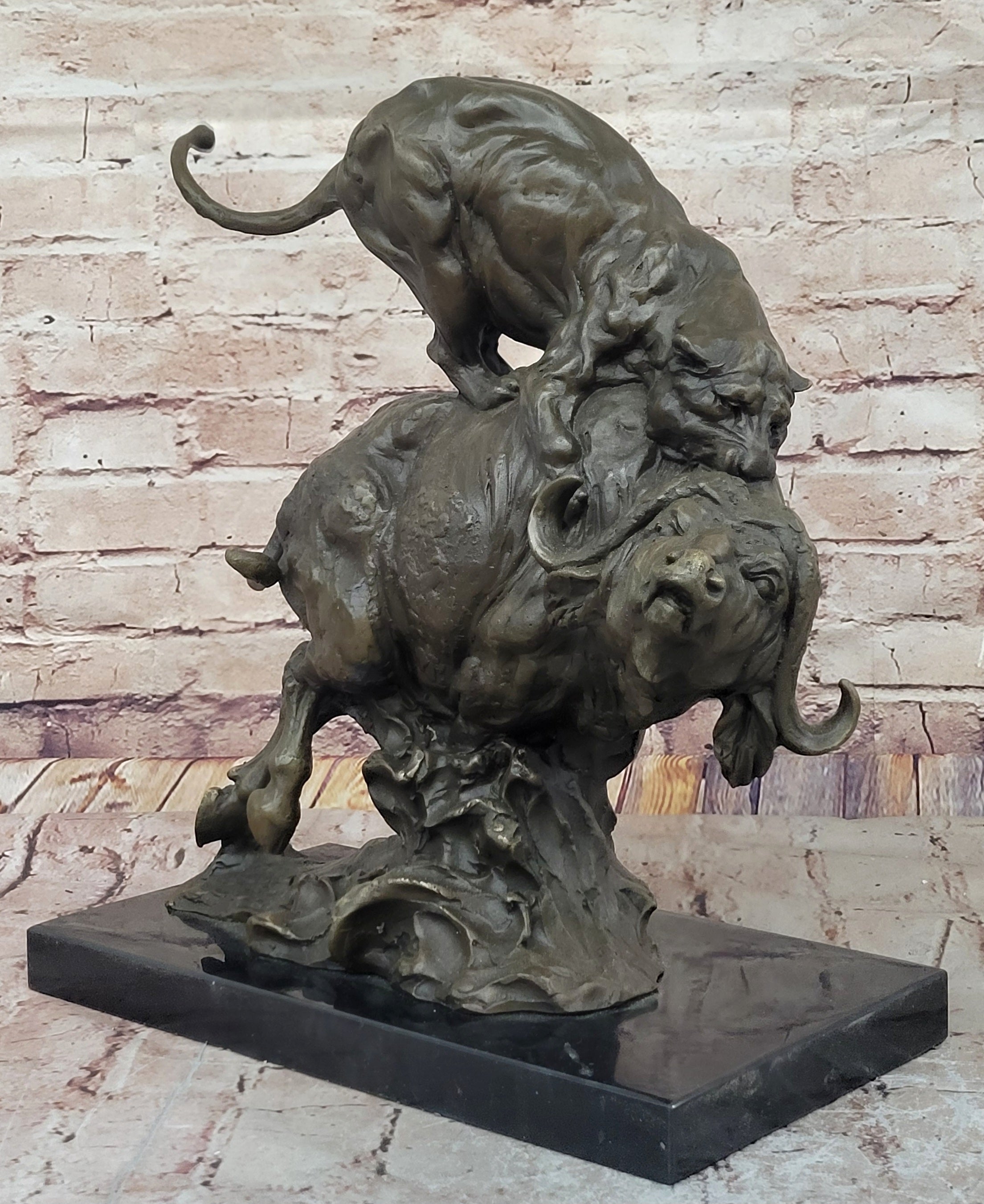 Fierce Lion vs. Buffalo; Hot Cast Bronze Wildlife Sculpture by Milo
