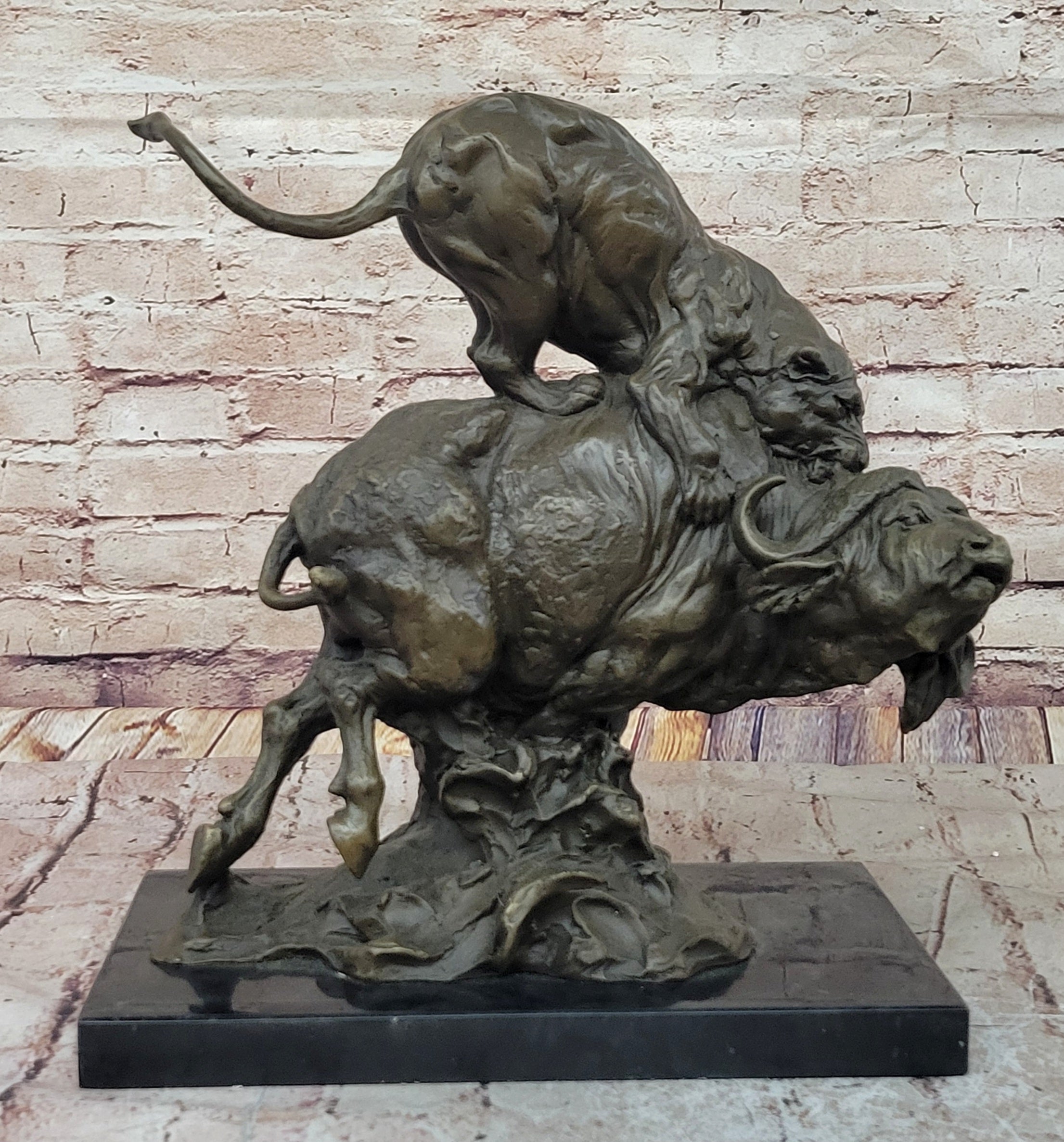 Fierce Lion vs. Buffalo; Hot Cast Bronze Wildlife Sculpture by Milo