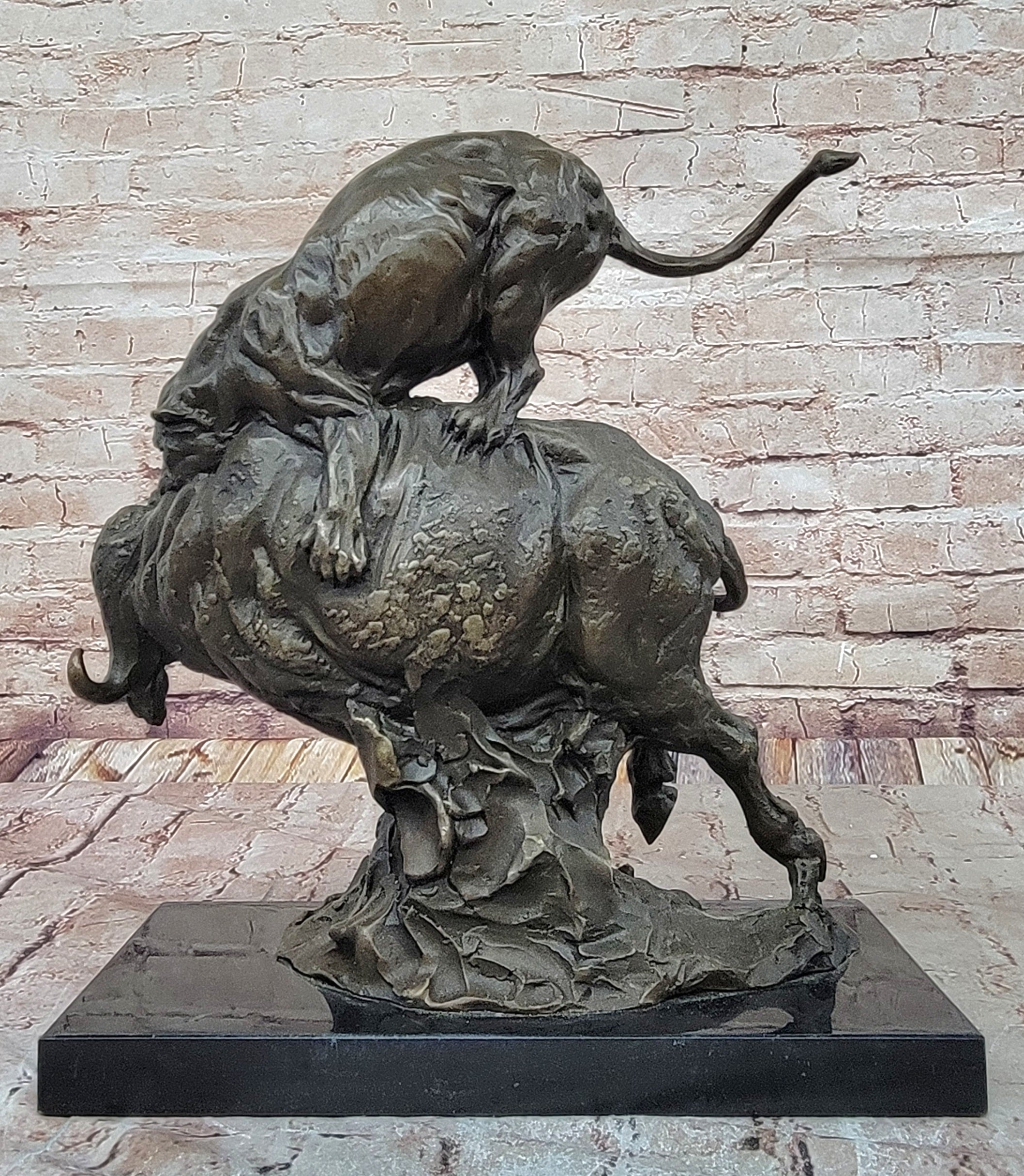 Fierce Lion vs. Buffalo; Hot Cast Bronze Wildlife Sculpture by Milo